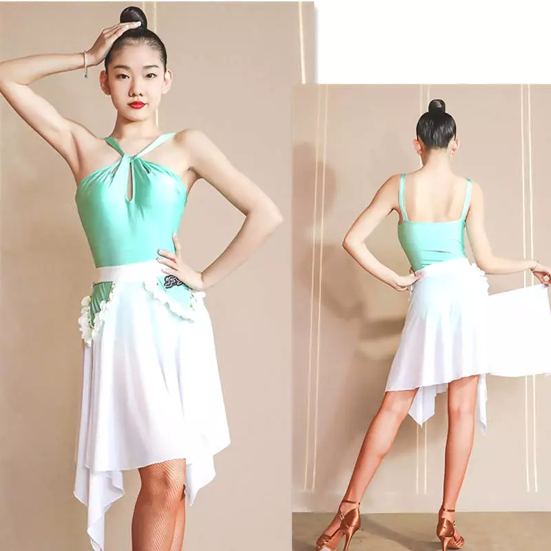 Green and White Rhythm Leotard-Skirt Set - 721