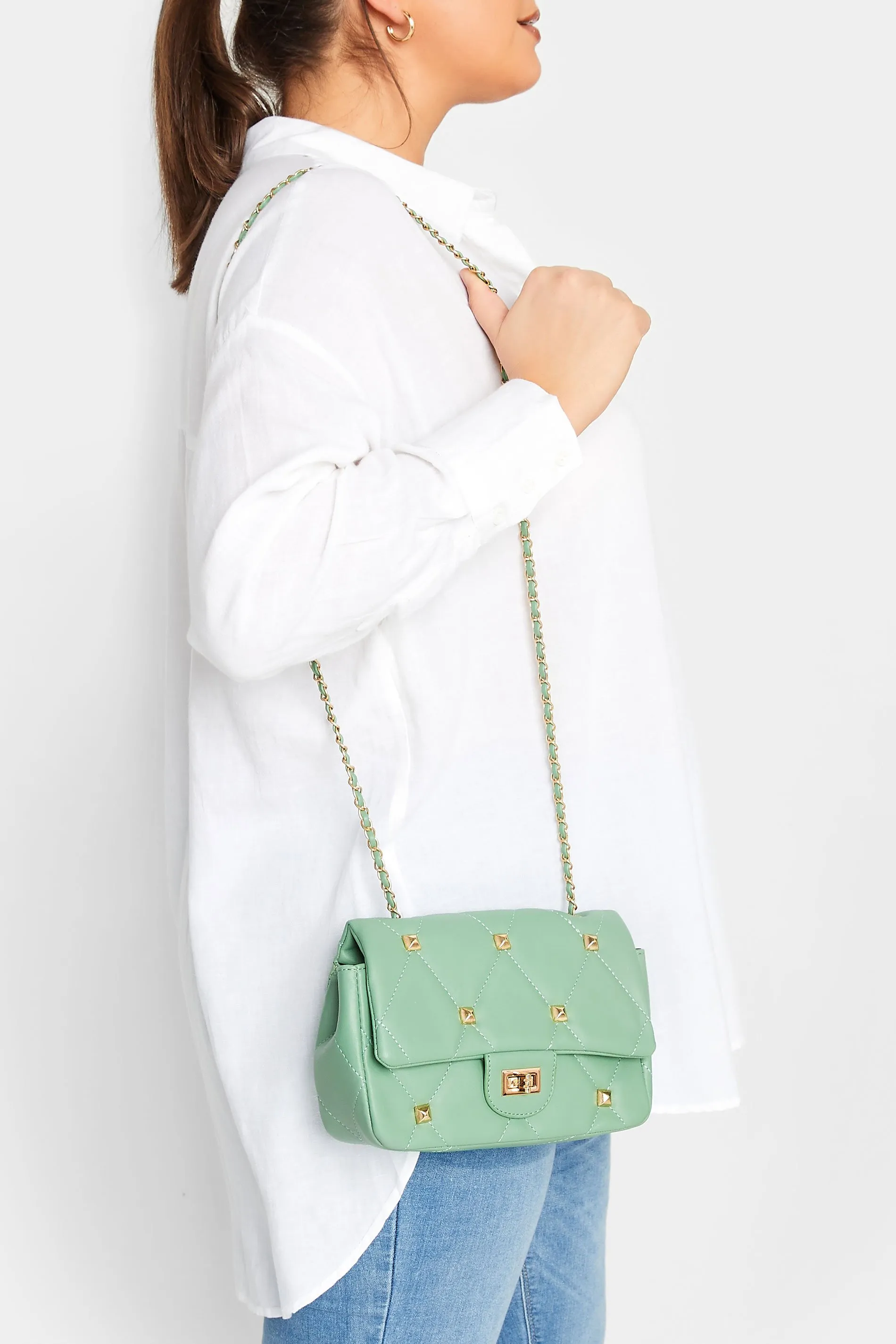 Green Studded Quilted Chain Bag