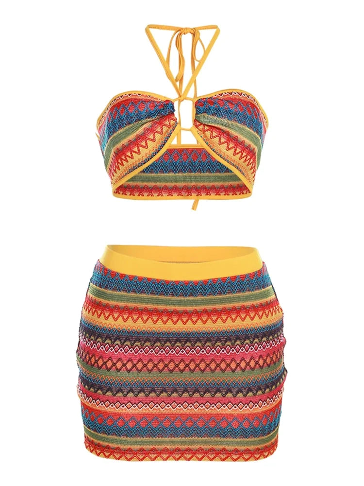 Halter Bandage Swimwear Set with Colorful Striped Hip Skirts For Women.