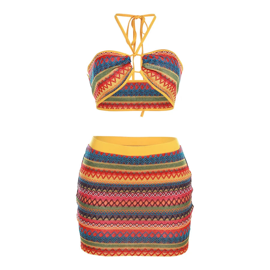 Halter Bandage Swimwear Set with Colorful Striped Hip Skirts For Women.