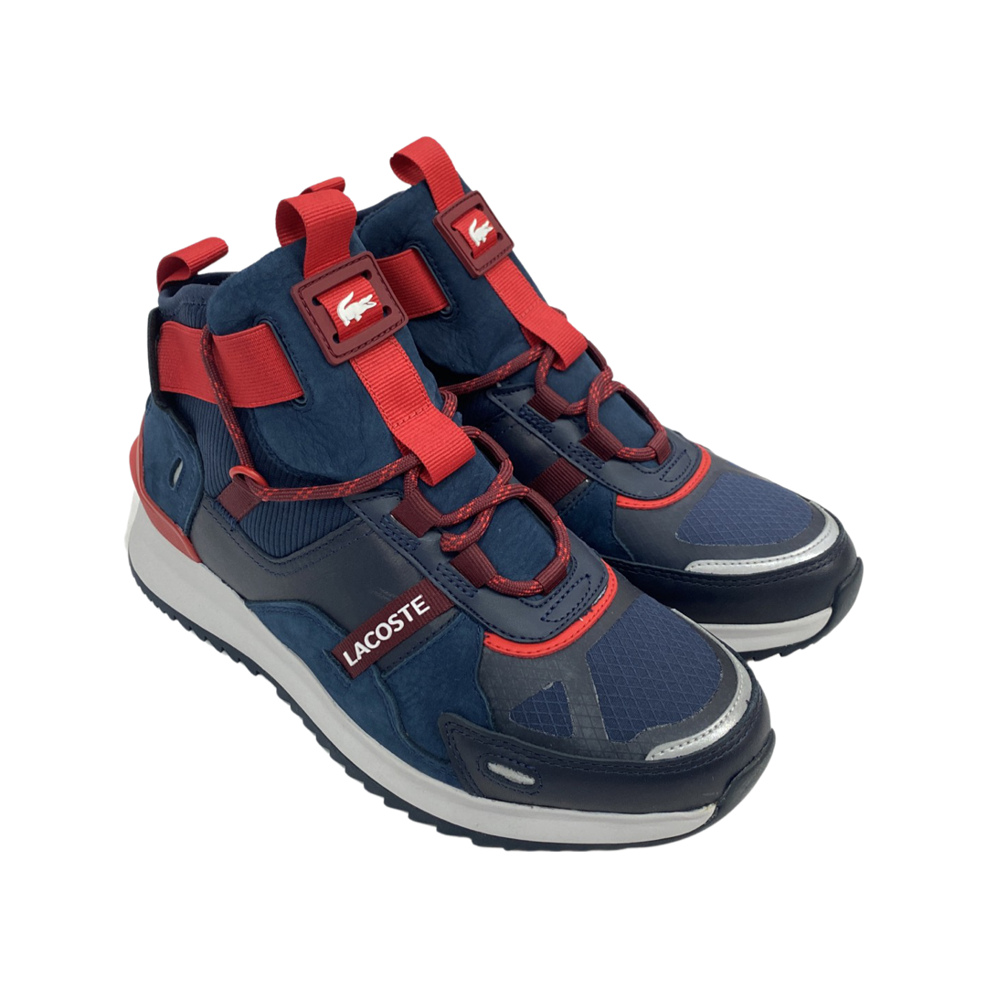 High-top navy/red sneakers for running