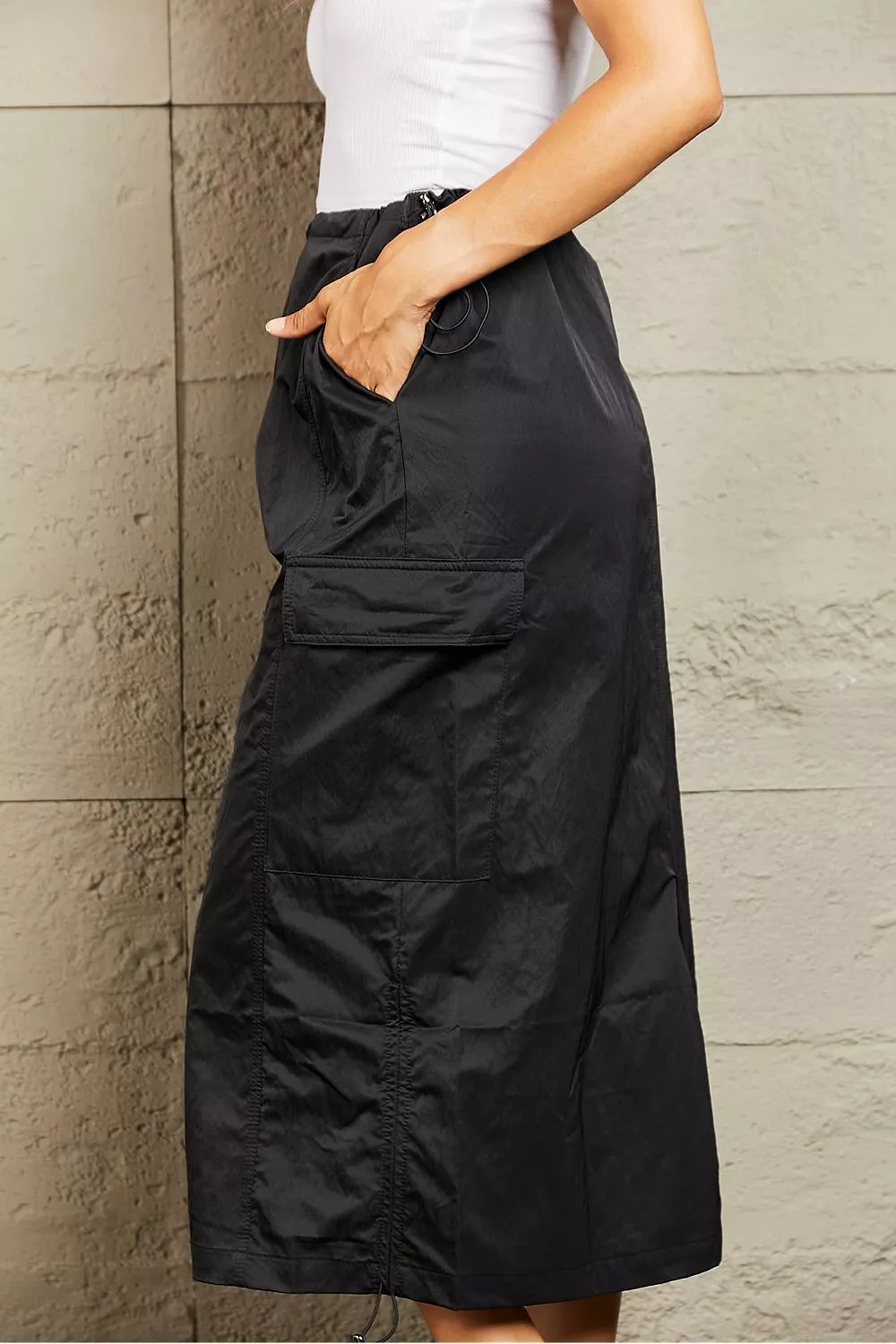 HYFVE Black High Waisted Cargo Midi Skirt, Just In Time.