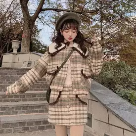 Japanese Fashion Plaid Wool Short Coat Skirt Suit BM182