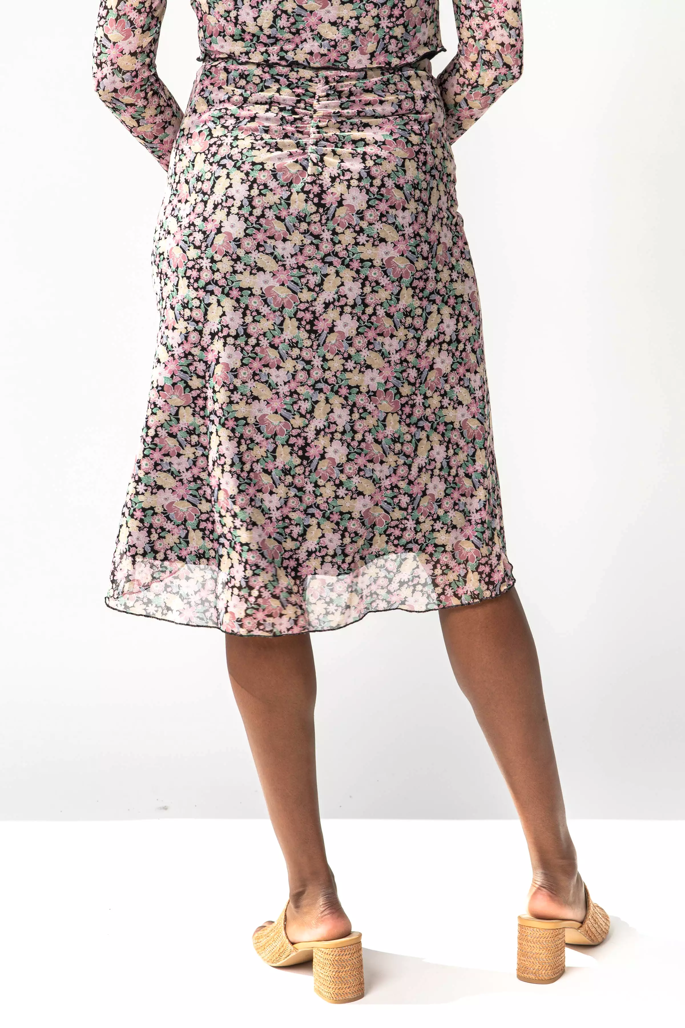 Jolie Floral Skirt - Black, Ruched Design