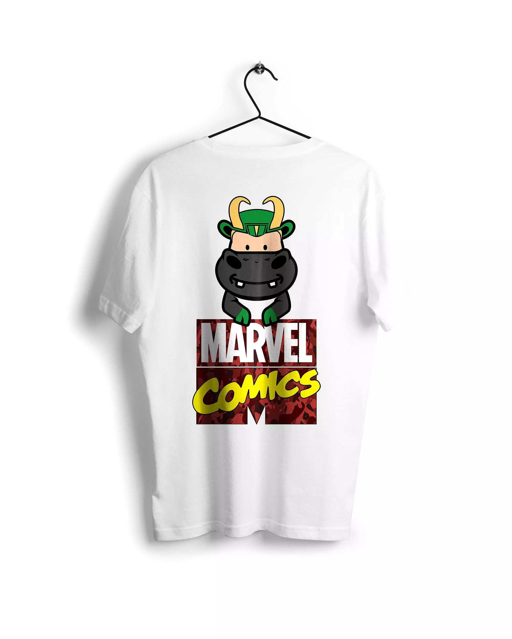 Loki Marvel T-shirt with a Ravin Hippo - White digitally designed graphics