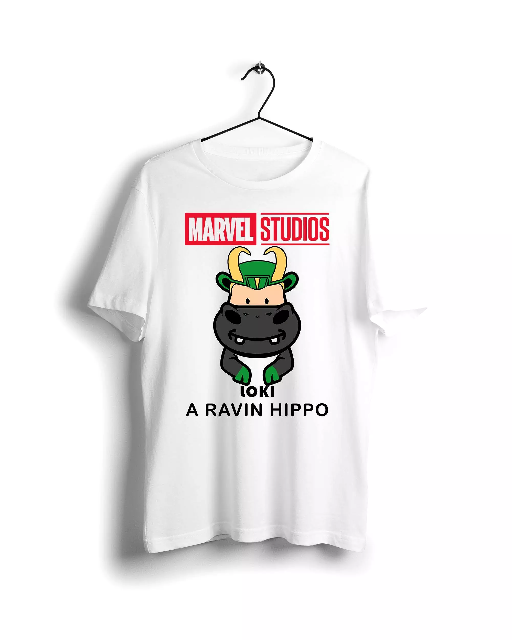 Loki Marvel T-shirt with a Ravin Hippo - White digitally designed graphics