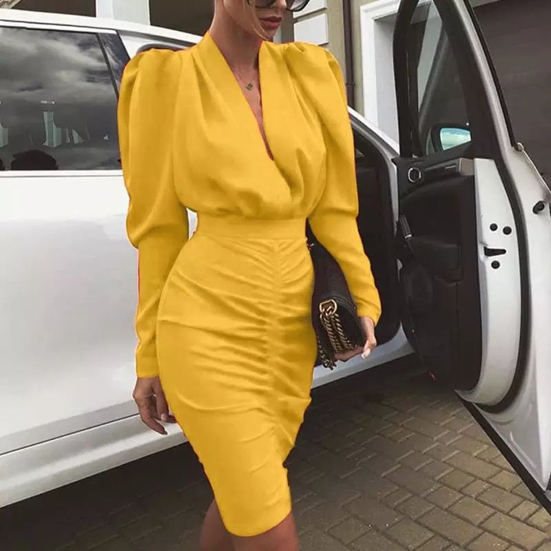 Long Sleeve Deep V-neck Ruched Bodycon Dress