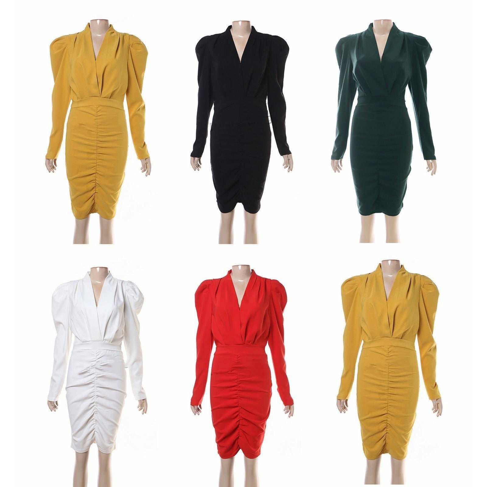 Long Sleeve Deep V-neck Ruched Bodycon Dress