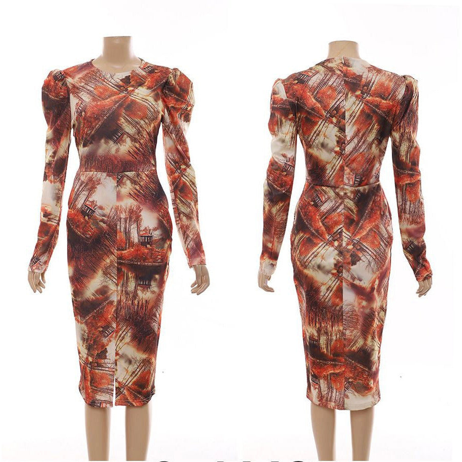 Long Sleeve Printed Bodycon Dress