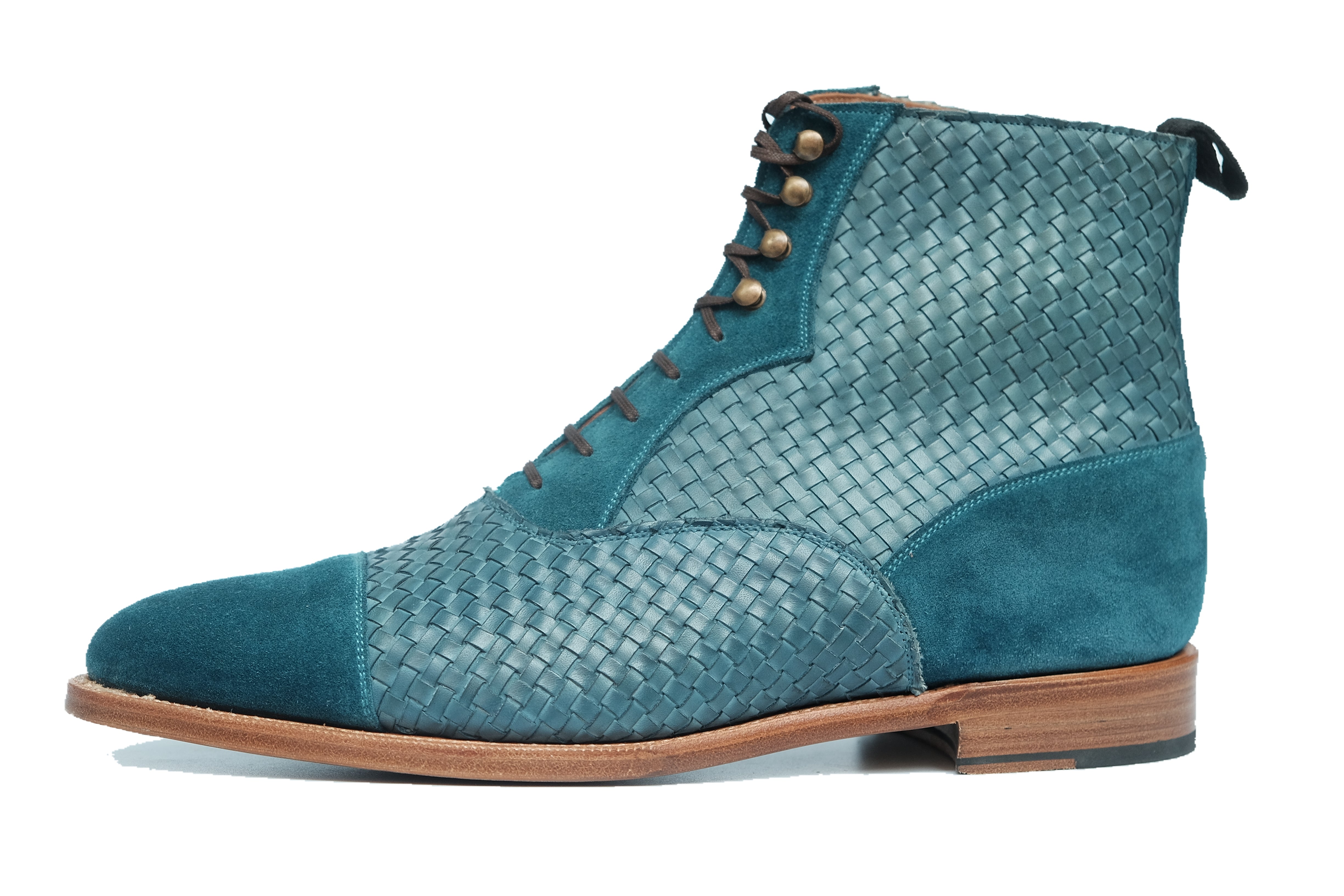 Meadowbrook MTO Teal Suede, Braided Teal Suede, TMG Last, Brass Hardware, Single Leather Sole, buy online.