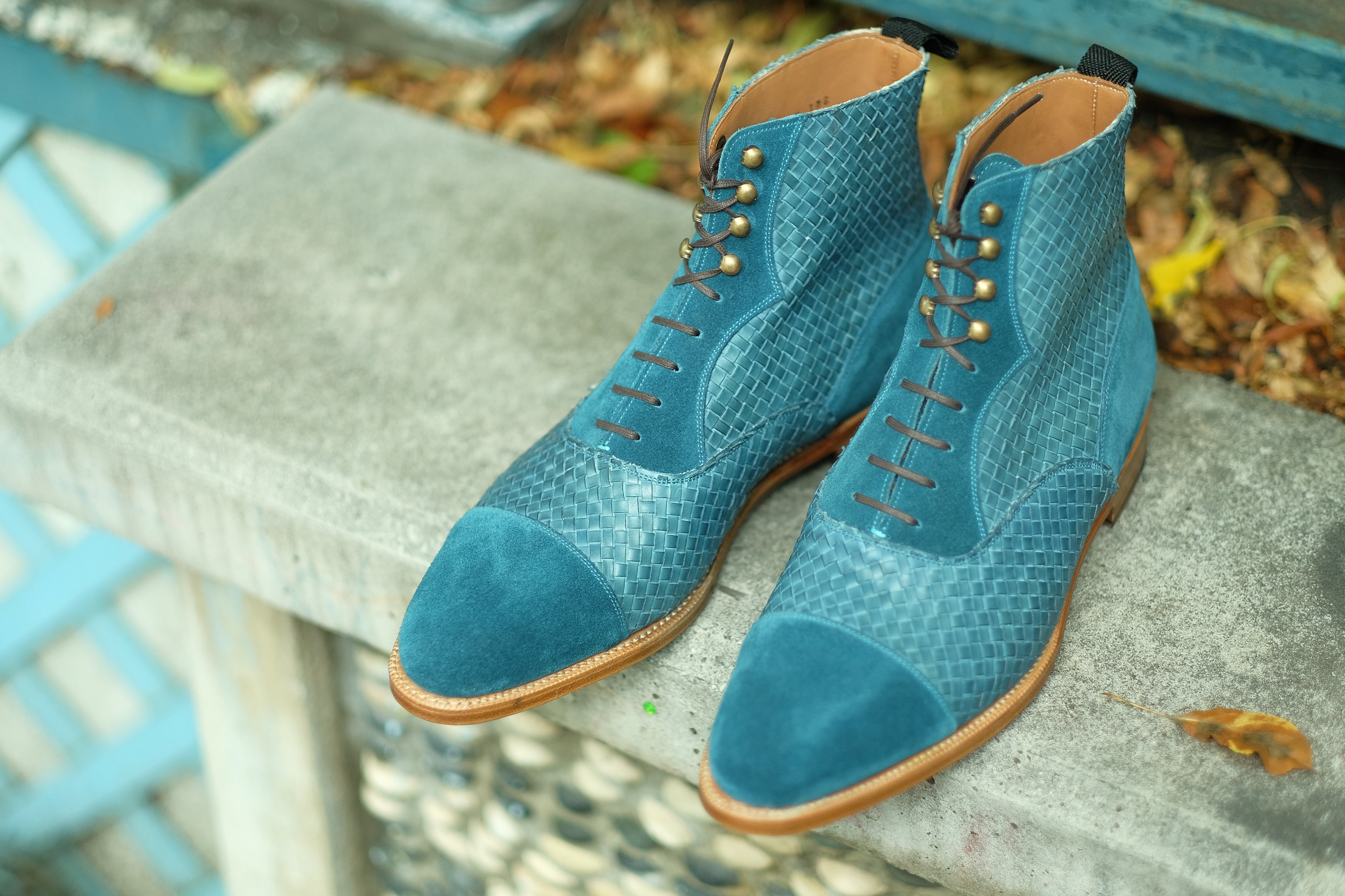 Meadowbrook MTO Teal Suede, Braided Teal Suede, TMG Last, Brass Hardware, Single Leather Sole, buy online.