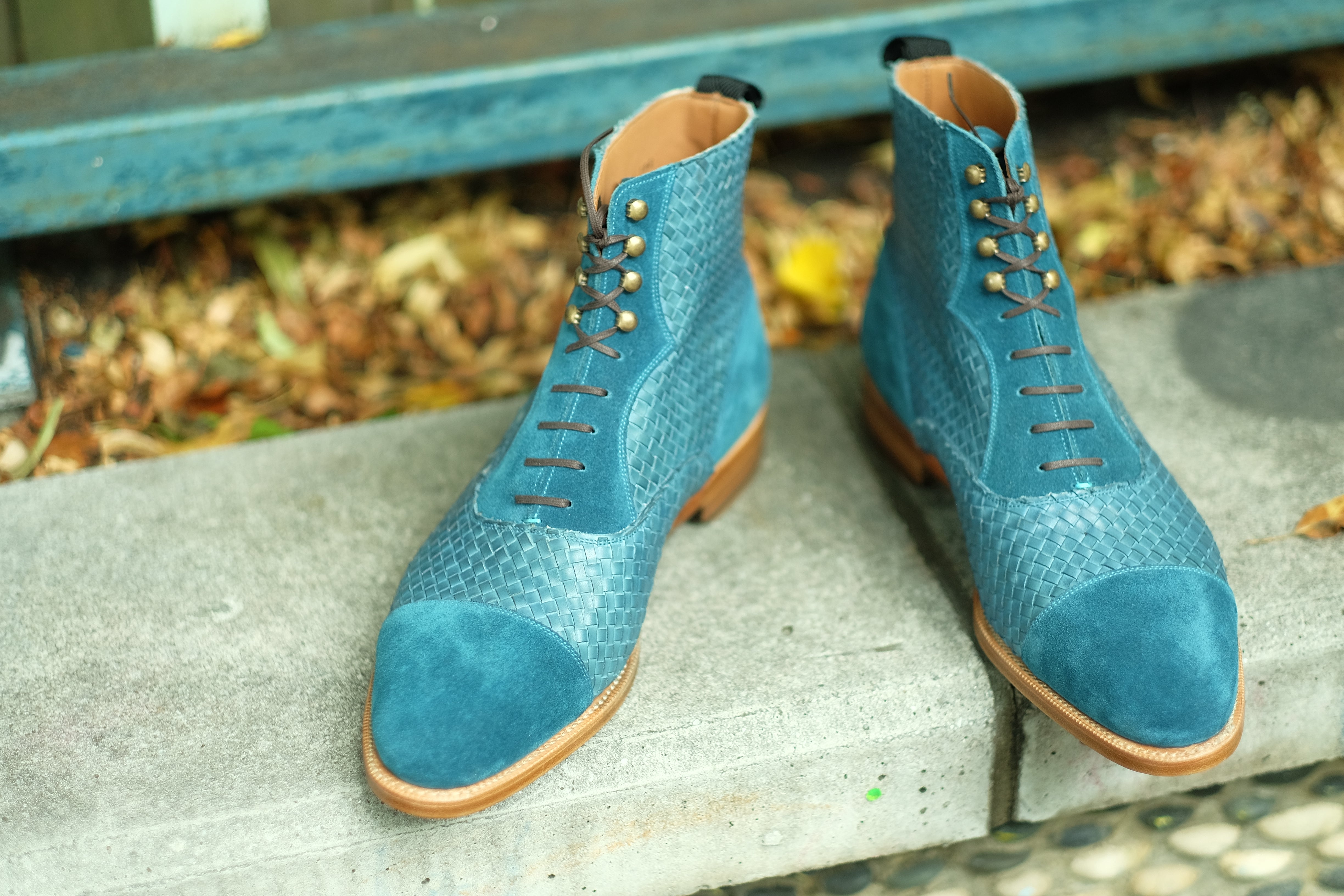 Meadowbrook MTO Teal Suede, Braided Teal Suede, TMG Last, Brass Hardware, Single Leather Sole, buy online.