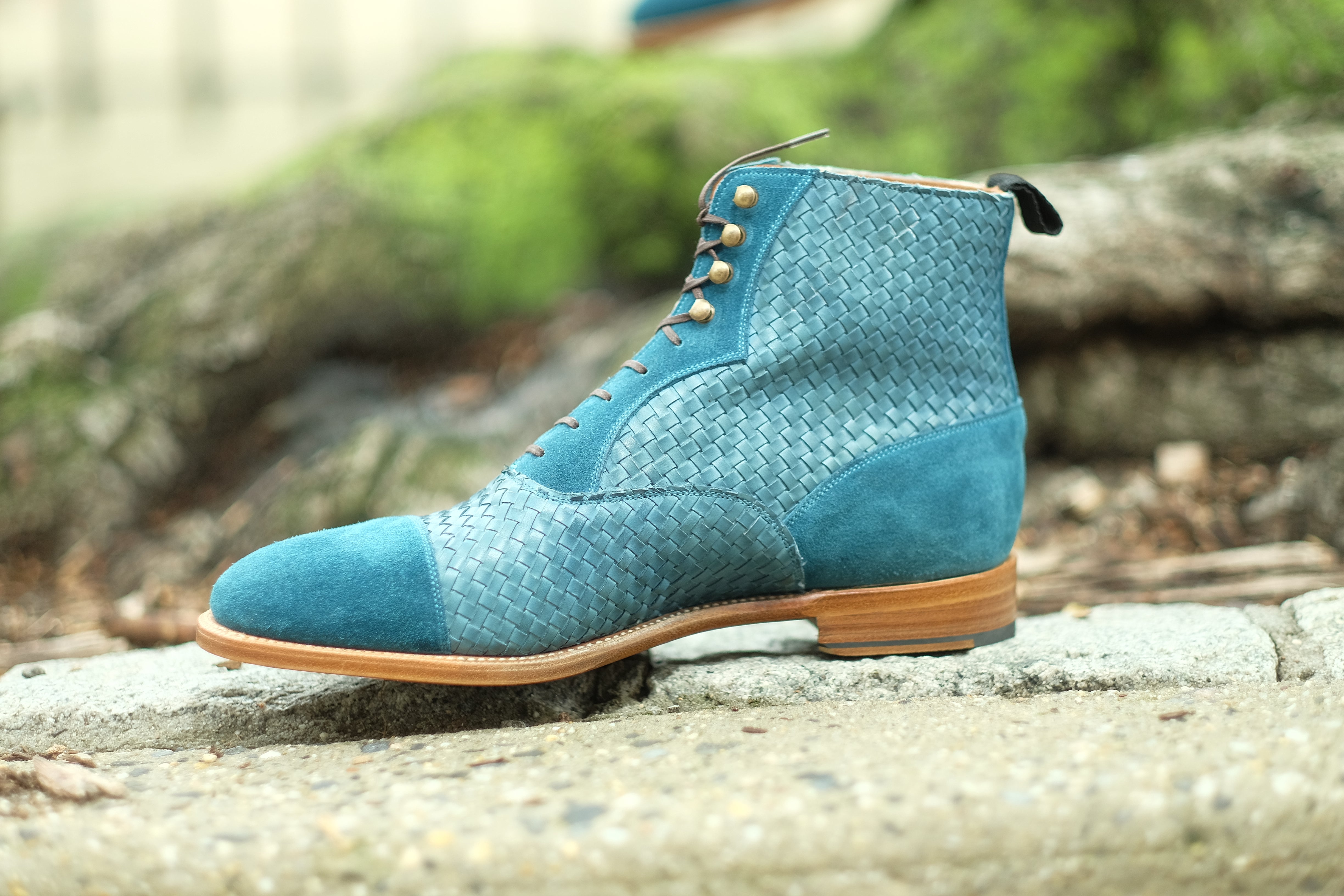 Meadowbrook MTO Teal Suede, Braided Teal Suede, TMG Last, Brass Hardware, Single Leather Sole, buy online.