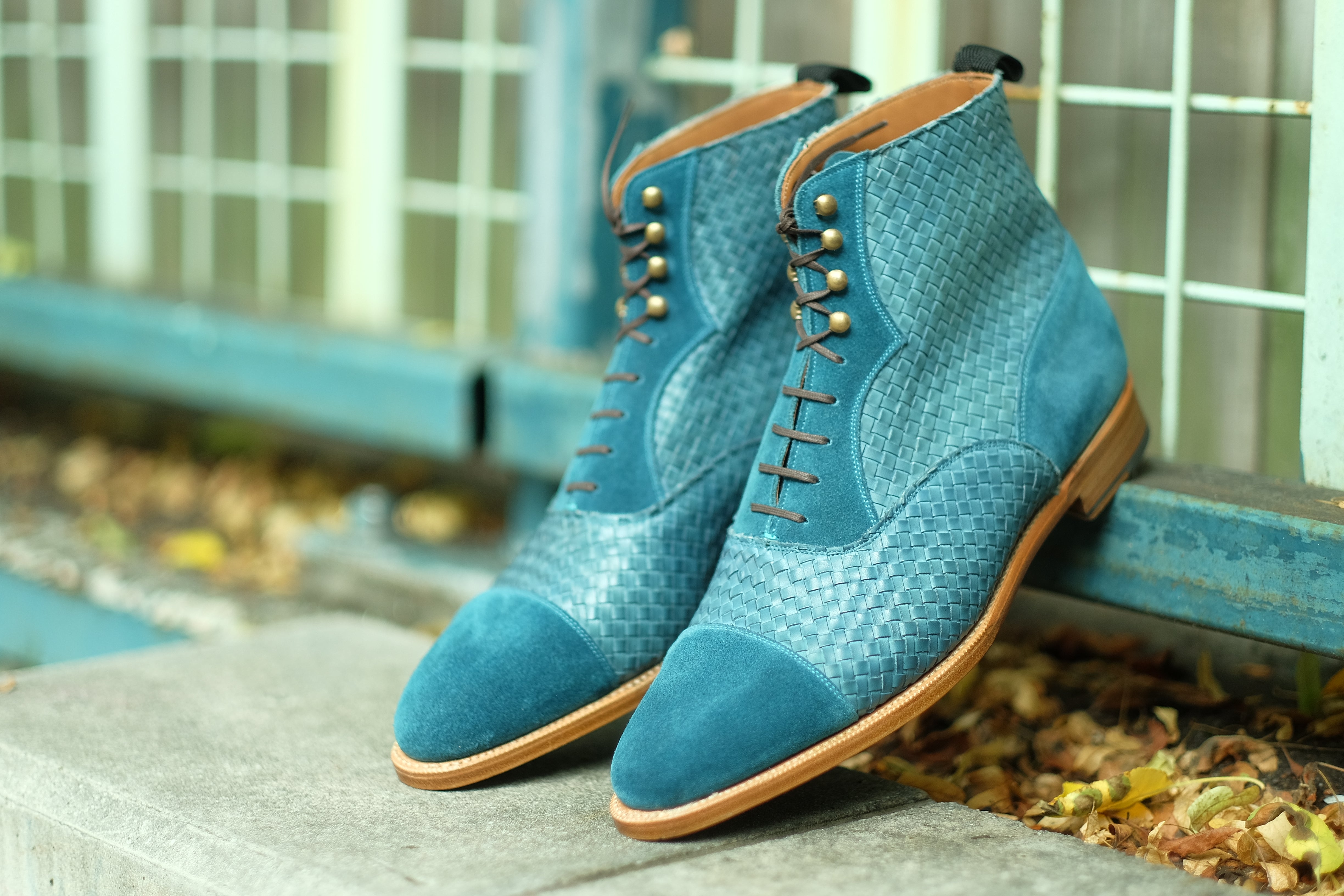 Meadowbrook MTO Teal Suede, Braided Teal Suede, TMG Last, Brass Hardware, Single Leather Sole, buy online.