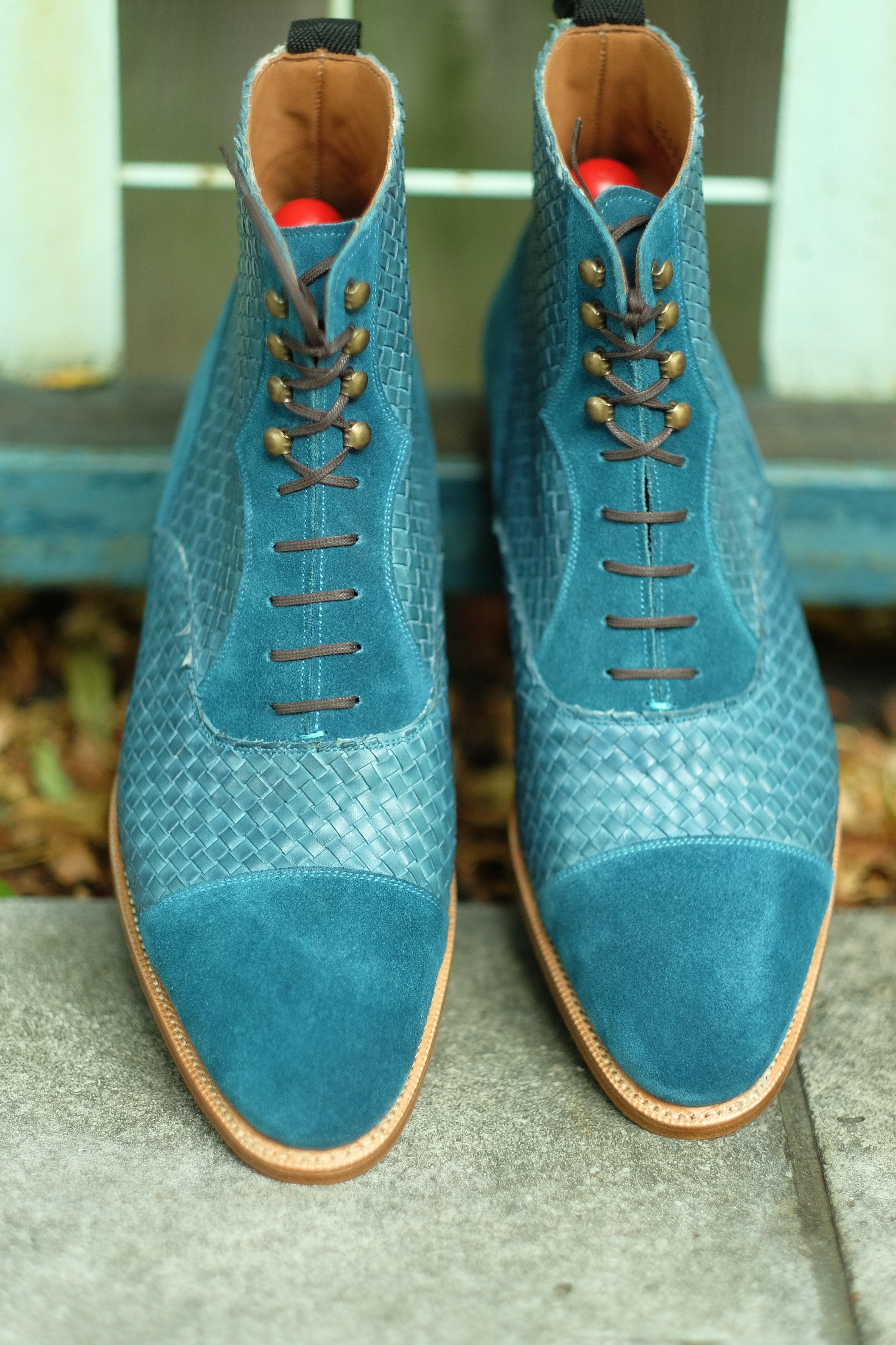 Meadowbrook MTO Teal Suede, Braided Teal Suede, TMG Last, Brass Hardware, Single Leather Sole, buy online.