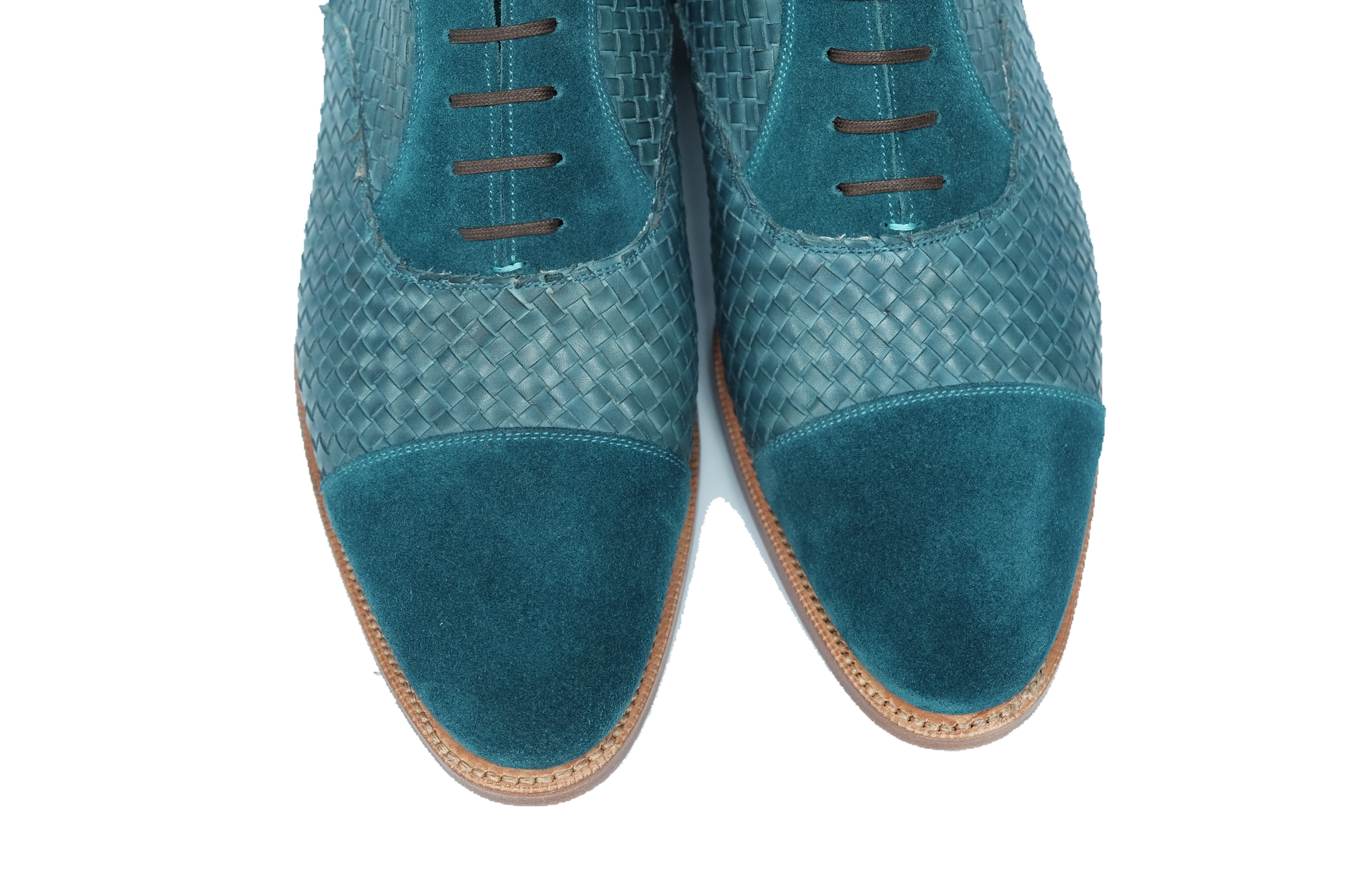 Meadowbrook MTO Teal Suede, Braided Teal Suede, TMG Last, Brass Hardware, Single Leather Sole, buy online.