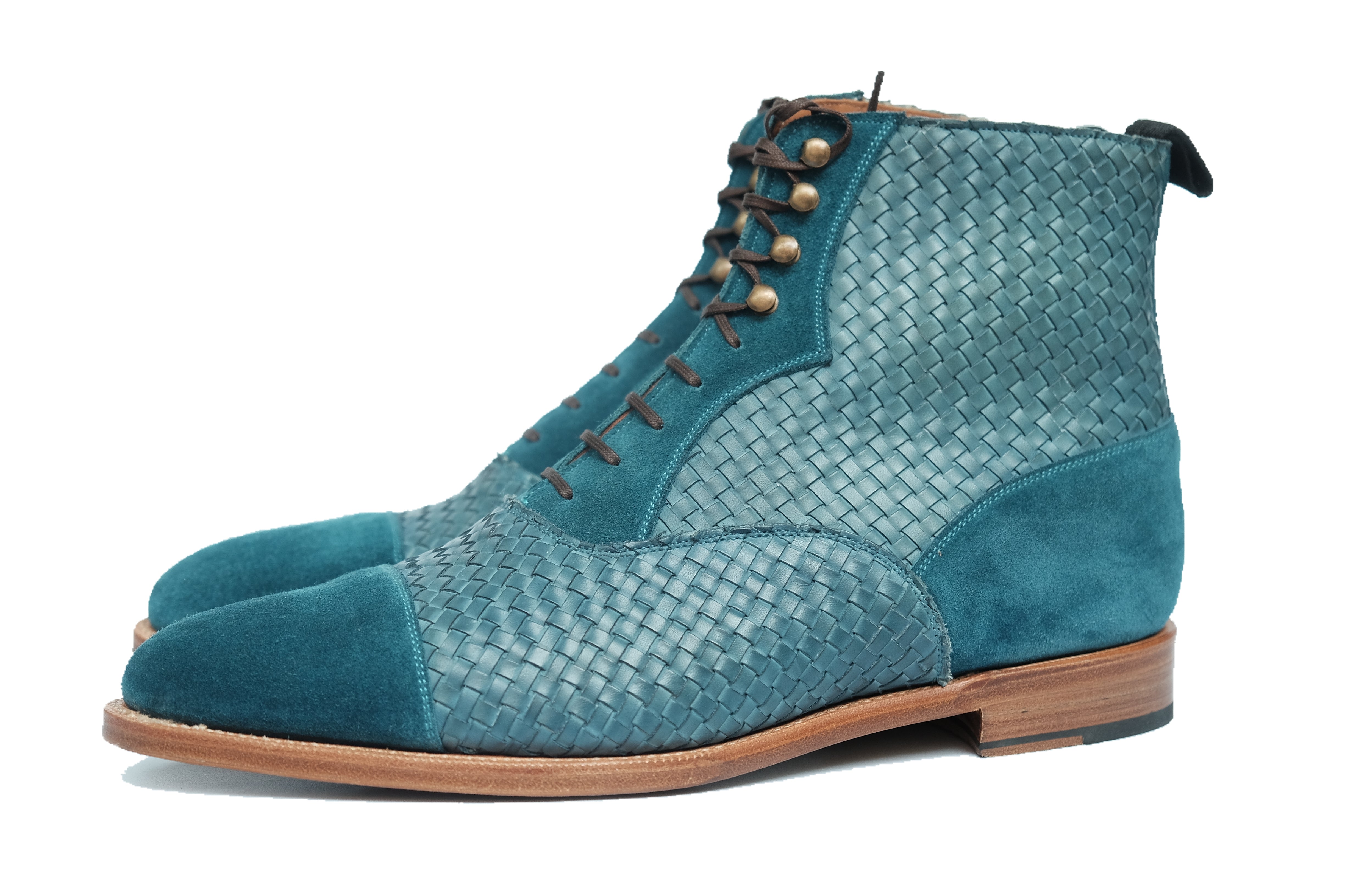 Meadowbrook MTO Teal Suede, Braided Teal Suede, TMG Last, Brass Hardware, Single Leather Sole, buy online.