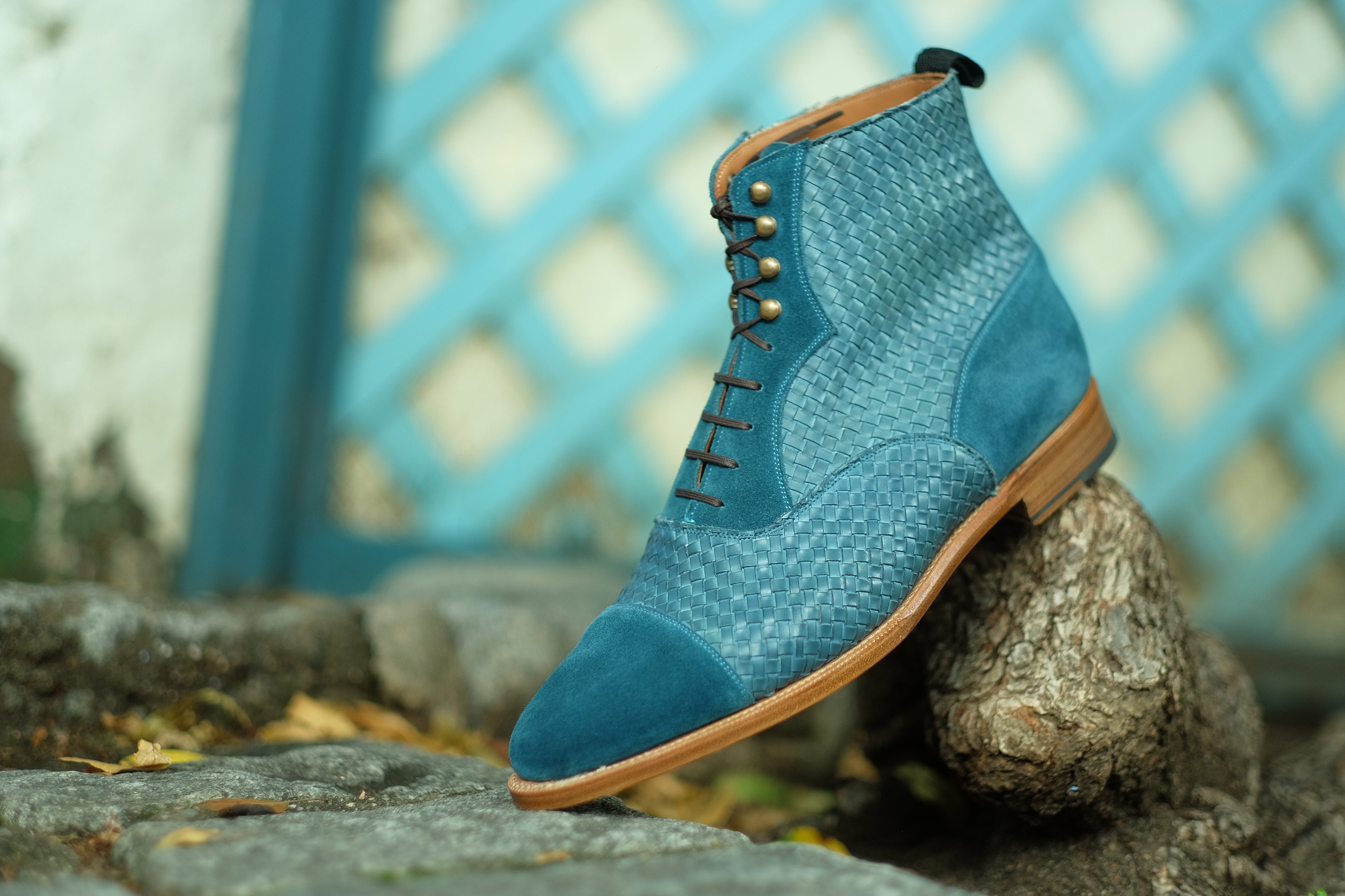 Meadowbrook MTO Teal Suede, Braided Teal Suede, TMG Last, Brass Hardware, Single Leather Sole, buy online.