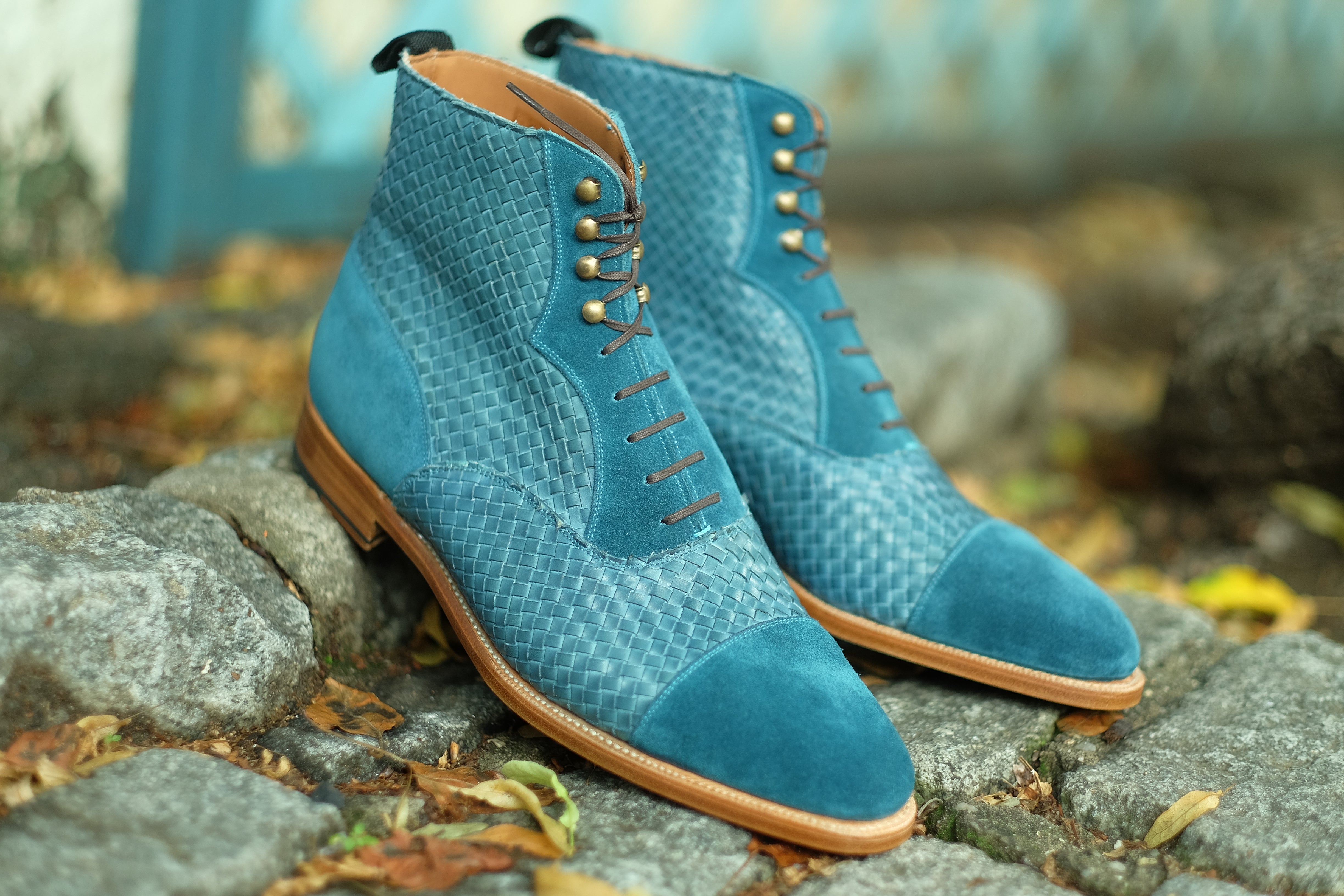 Meadowbrook MTO Teal Suede, Braided Teal Suede, TMG Last, Brass Hardware, Single Leather Sole, buy online.