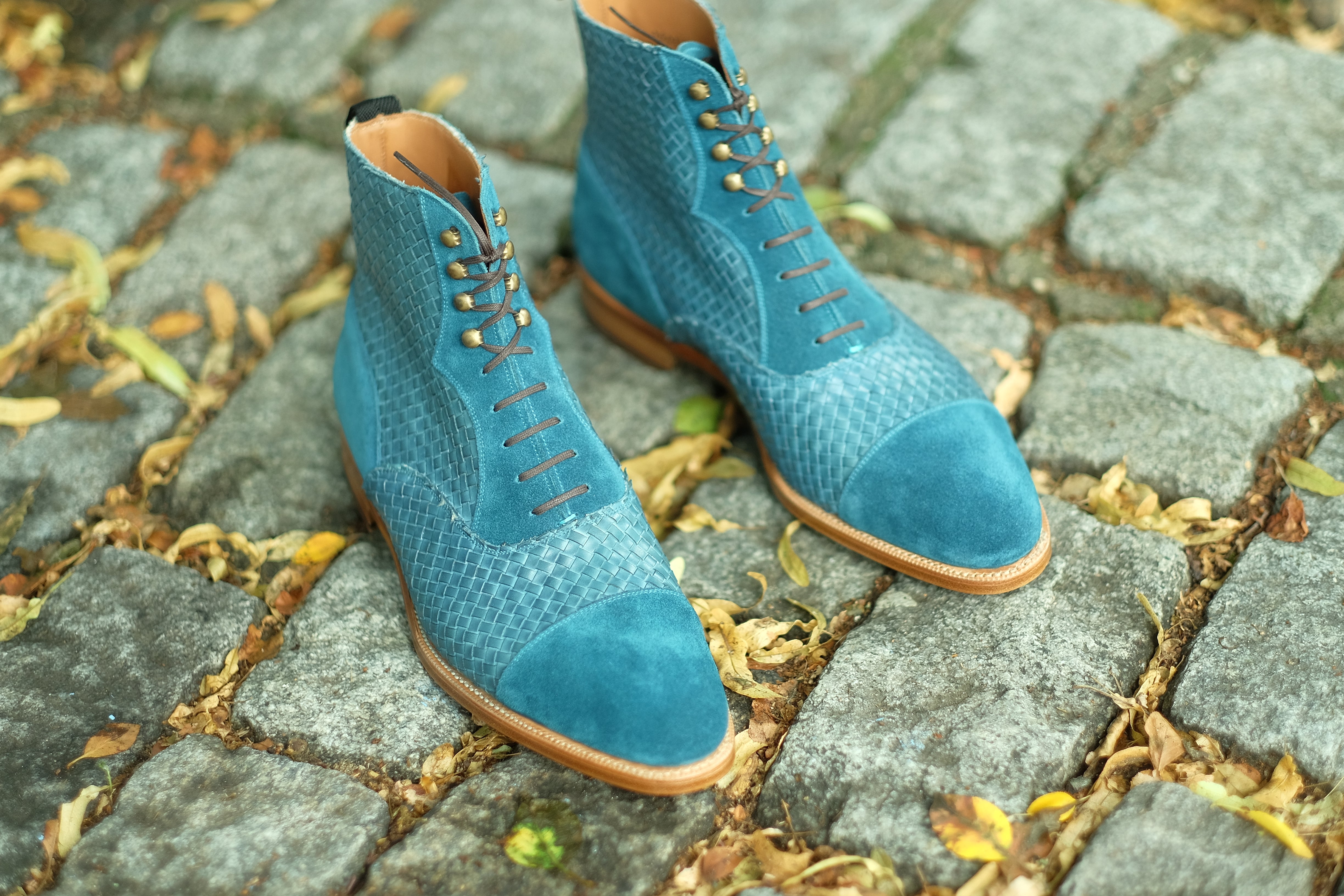 Meadowbrook MTO Teal Suede, Braided Teal Suede, TMG Last, Brass Hardware, Single Leather Sole, buy online.