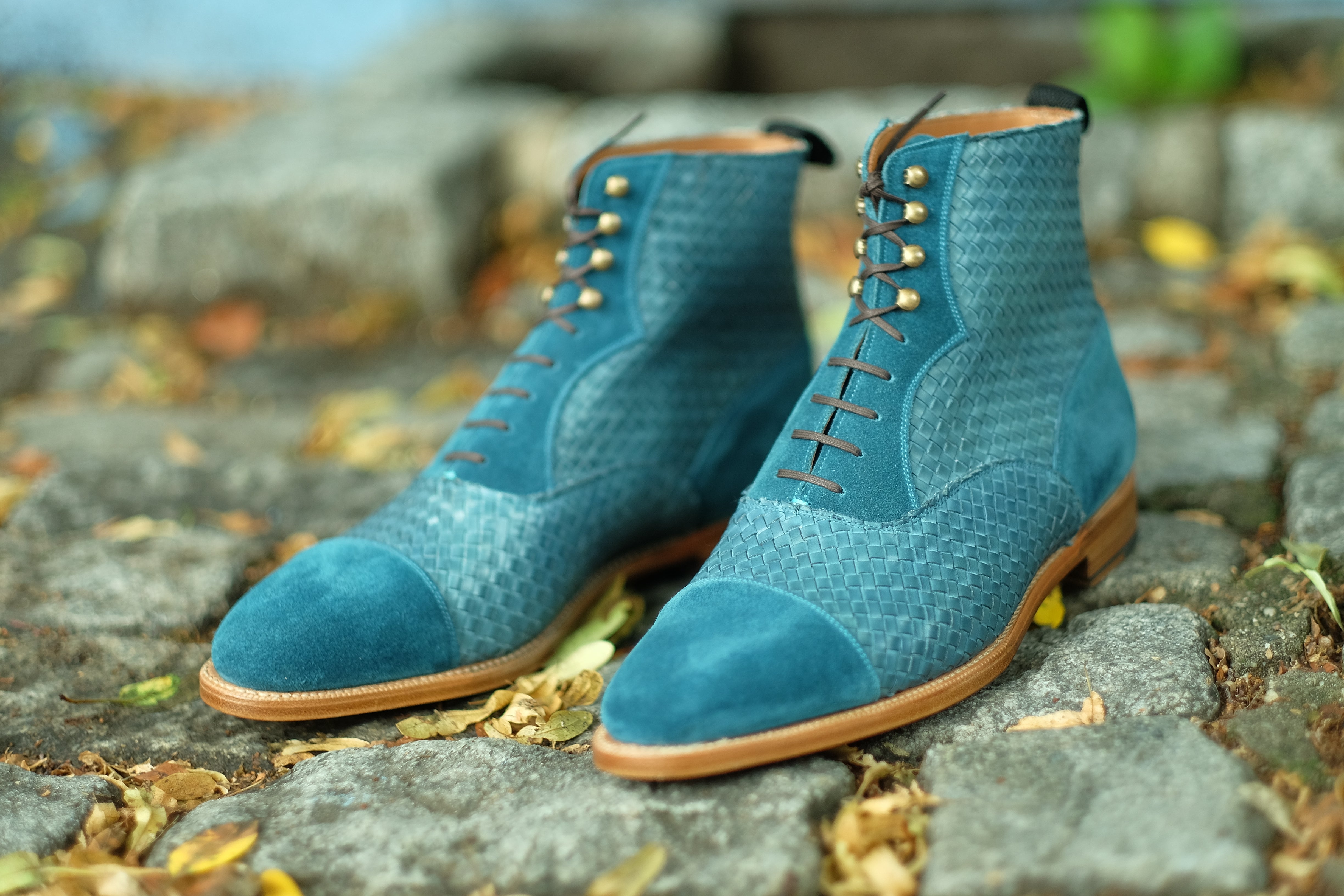 Meadowbrook MTO Teal Suede, Braided Teal Suede, TMG Last, Brass Hardware, Single Leather Sole, buy online.