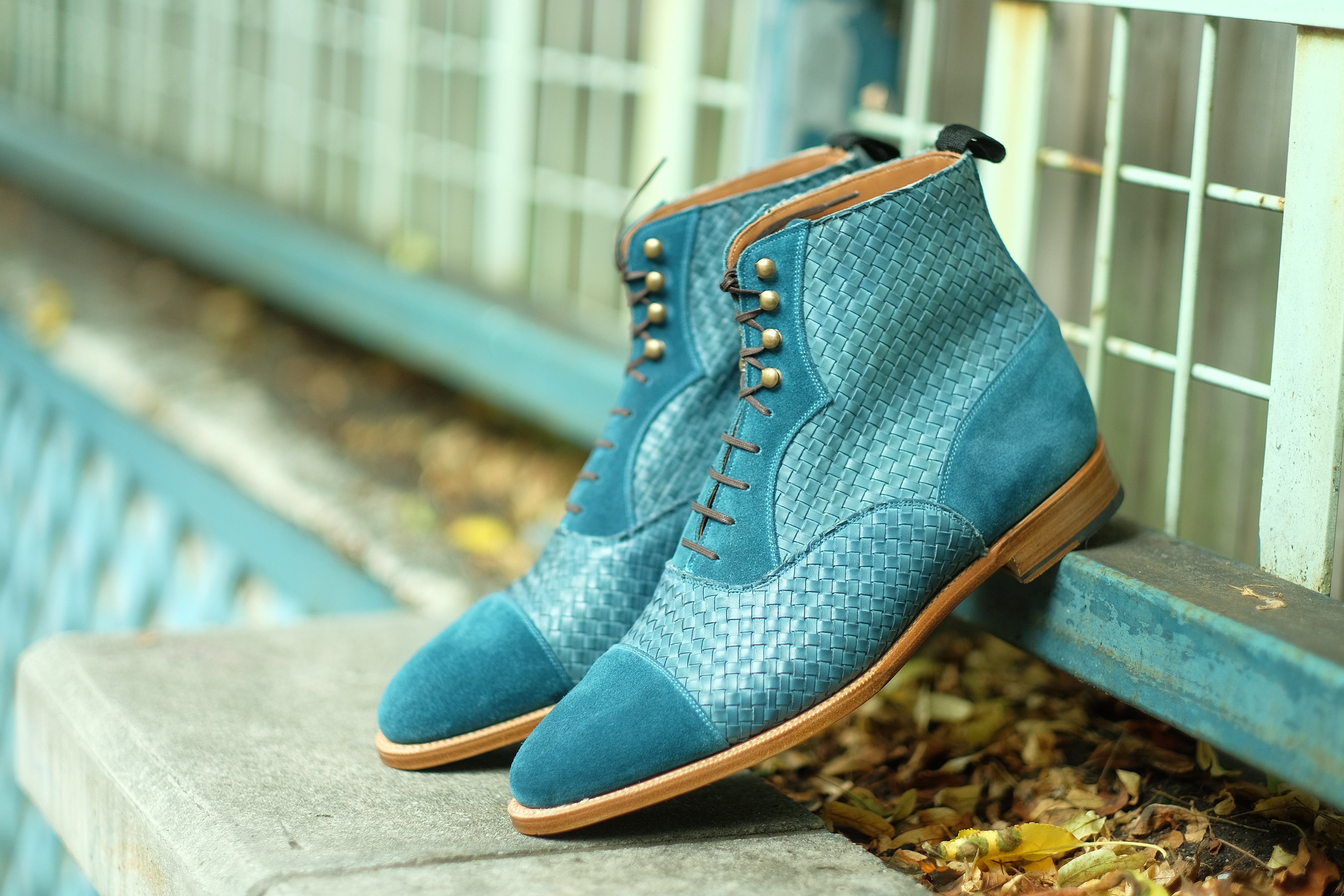 Meadowbrook MTO Teal Suede, Braided Teal Suede, TMG Last, Brass Hardware, Single Leather Sole, buy online.