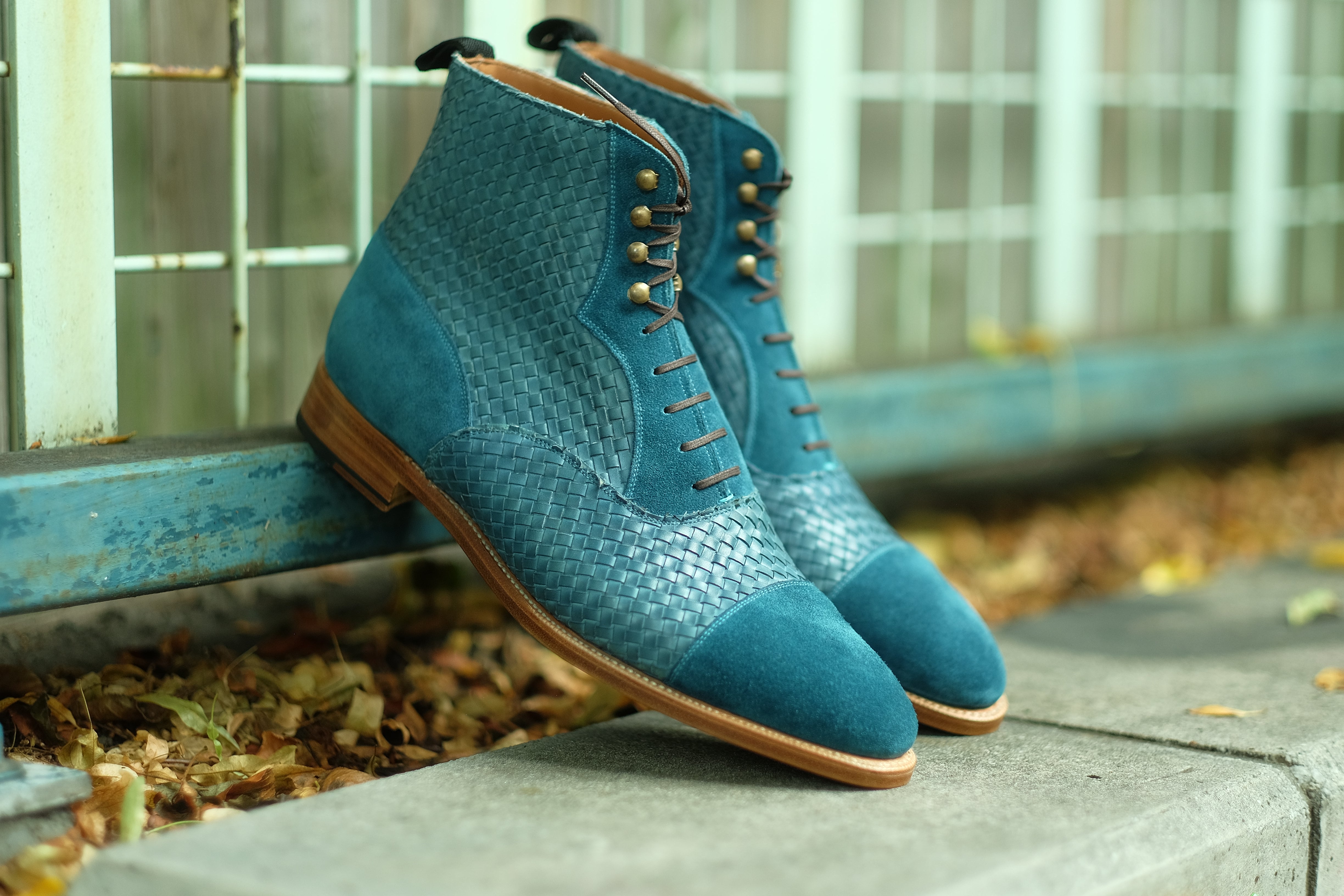 Meadowbrook MTO Teal Suede, Braided Teal Suede, TMG Last, Brass Hardware, Single Leather Sole, buy online.