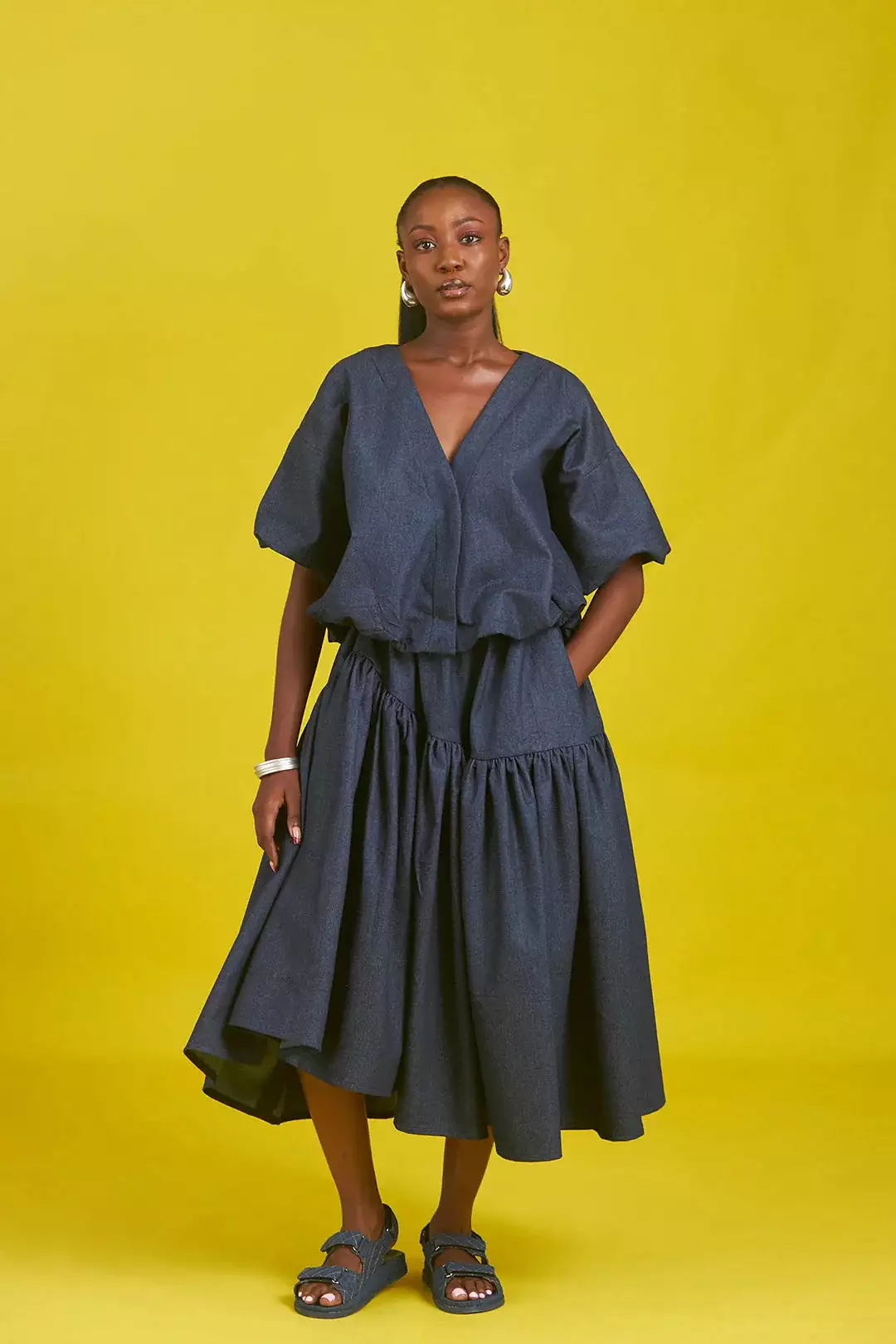 M.O.T Amaka denim skirt set, Bubble jacket with short sleeves, Asymmetric Gathered skirt