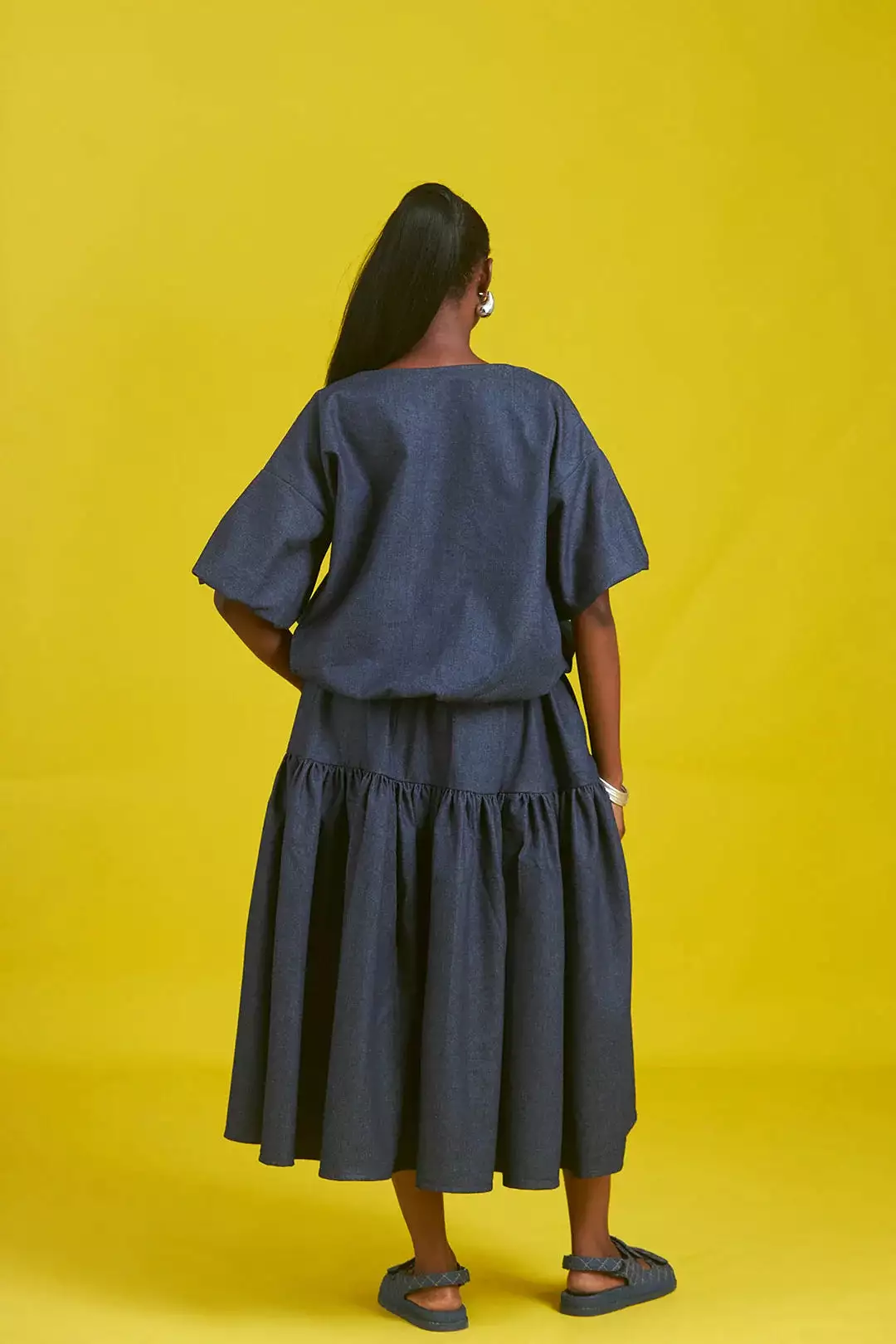 M.O.T Amaka denim skirt set, Bubble jacket with short sleeves, Asymmetric Gathered skirt