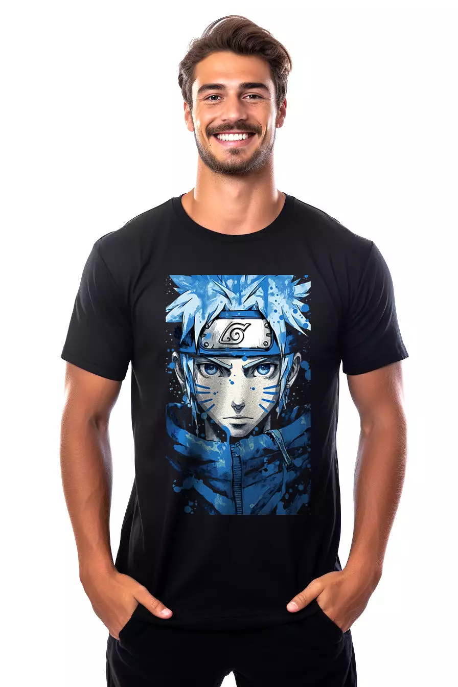 Naruto Color Splash Tee: Dan Mumford Sky-Blue & Light Gray Design - Digital Graphics T-shirt Black