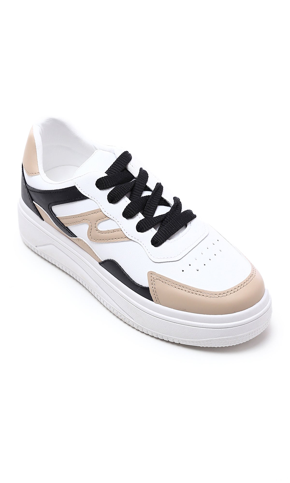 O177893 White Black Beige Tri-Tone Round Toe Sneakers