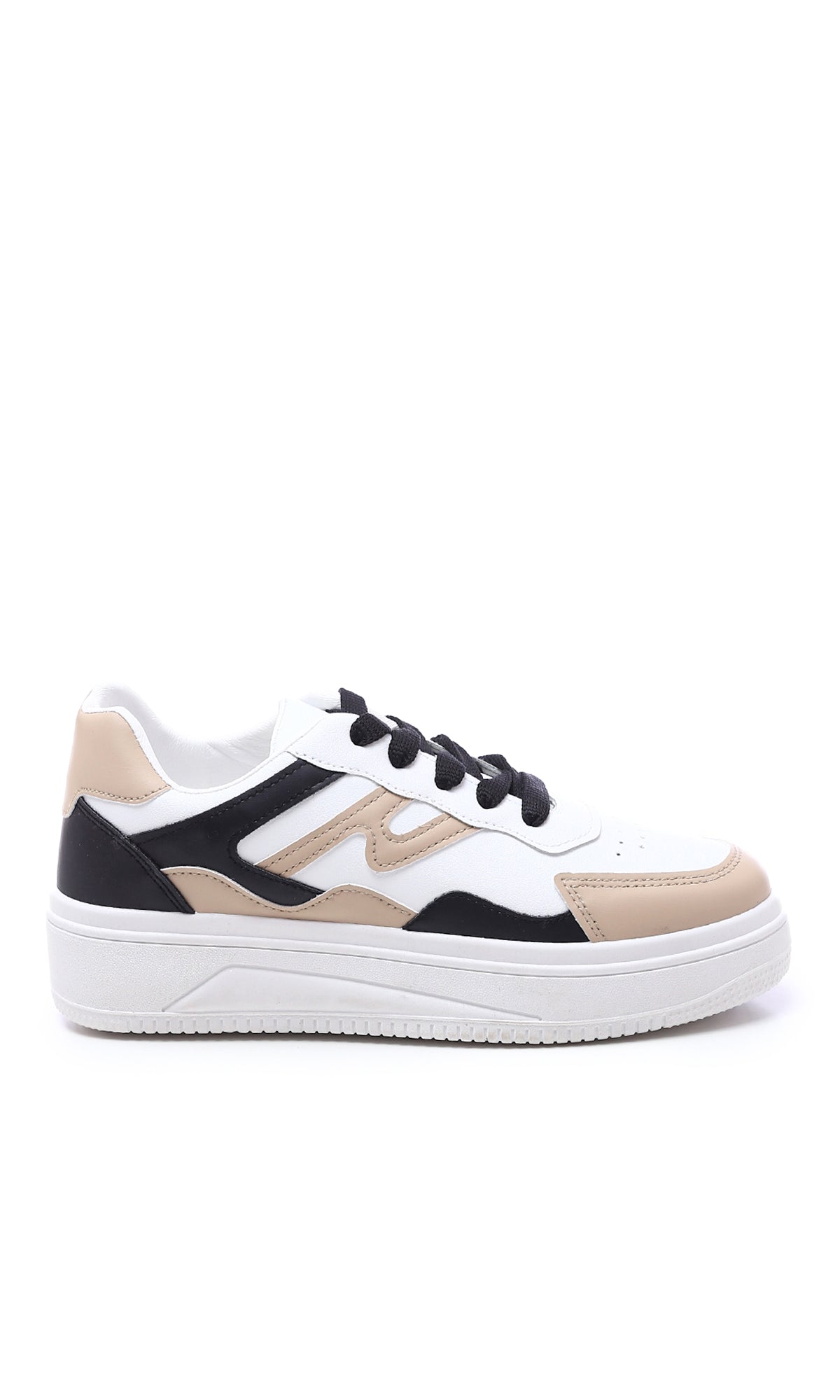 O177893 White Black Beige Tri-Tone Round Toe Sneakers