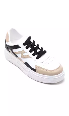 O177893 White Black Beige Tri-Tone Round Toe Sneakers