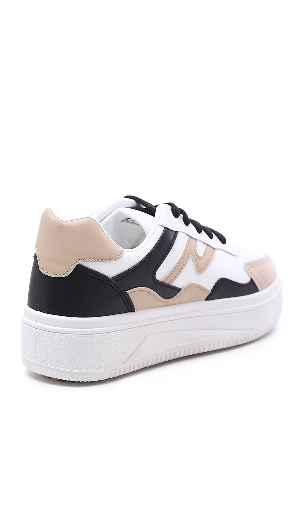 O177893 White Black Beige Tri-Tone Round Toe Sneakers