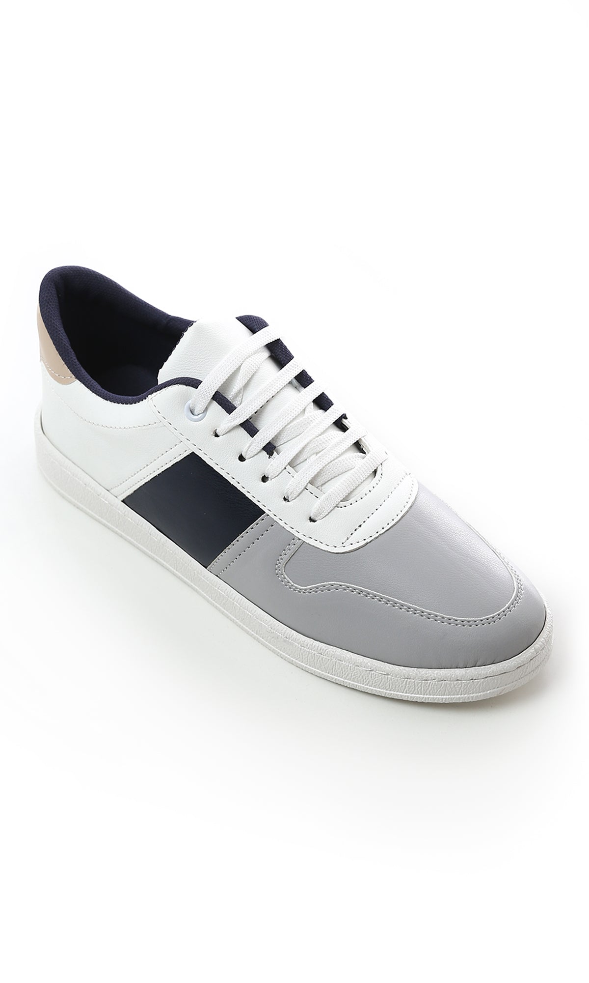 O179079 Tricolor Round Toecap Sneakers - Light Grey, White & Navy Blue