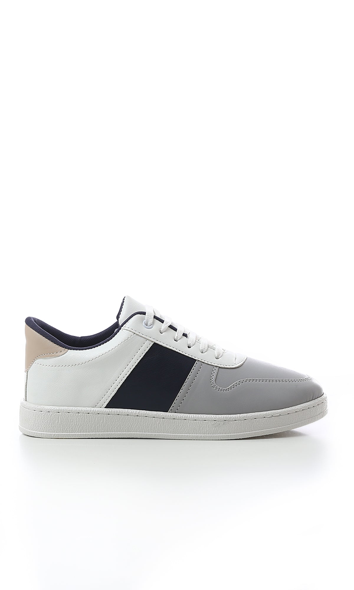 O179079 Tricolor Round Toecap Sneakers - Light Grey, White & Navy Blue