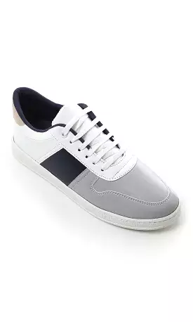 O179079 Tricolor Round Toecap Sneakers - Light Grey, White & Navy Blue