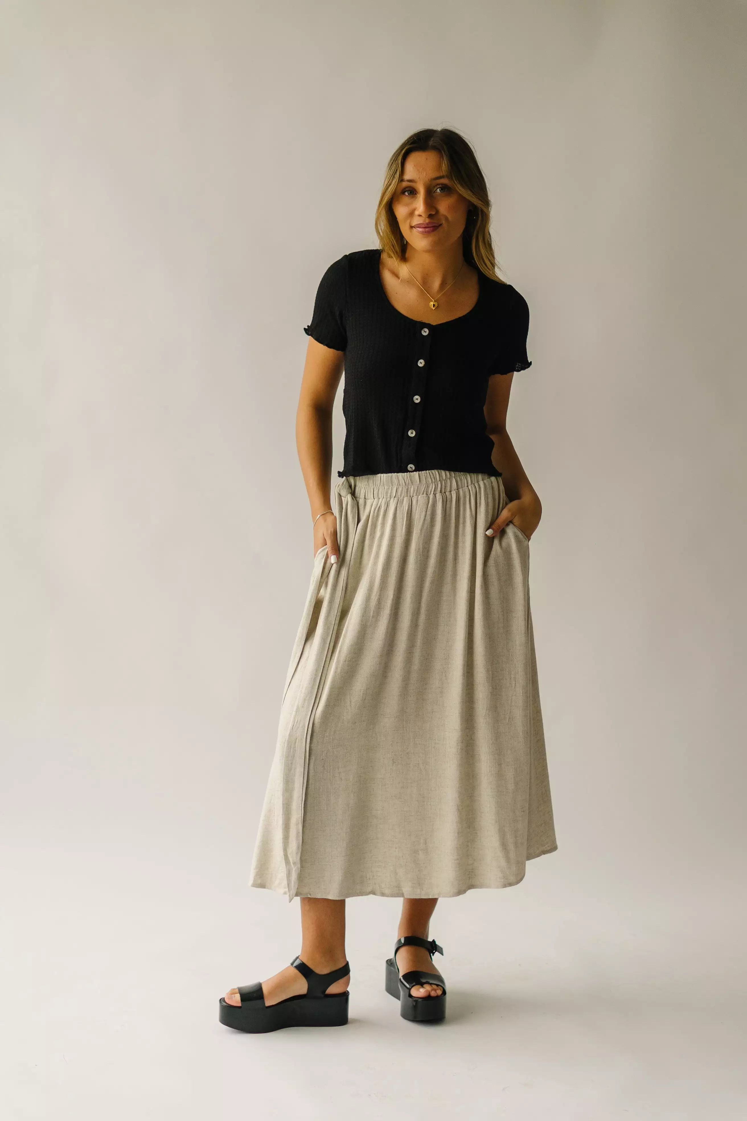 Oaklynn Oatmeal Linen Midi Skirt