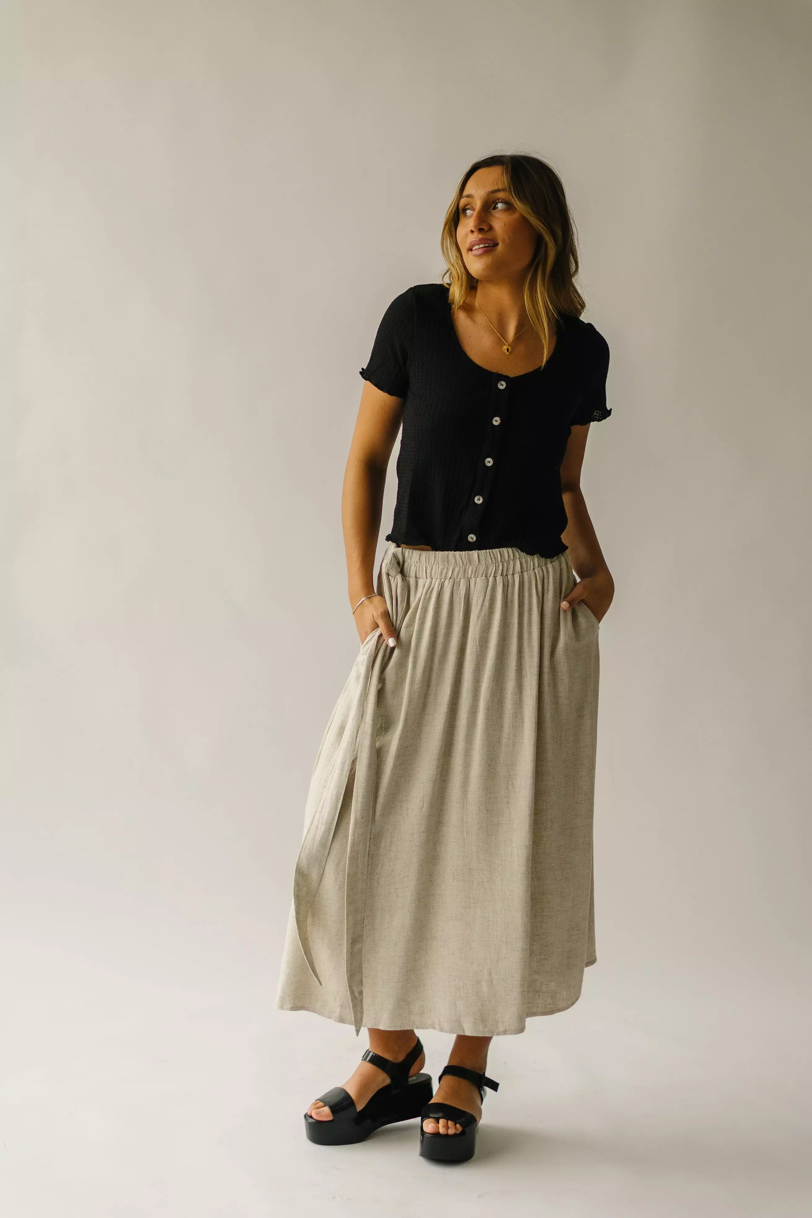 Oaklynn Oatmeal Linen Midi Skirt