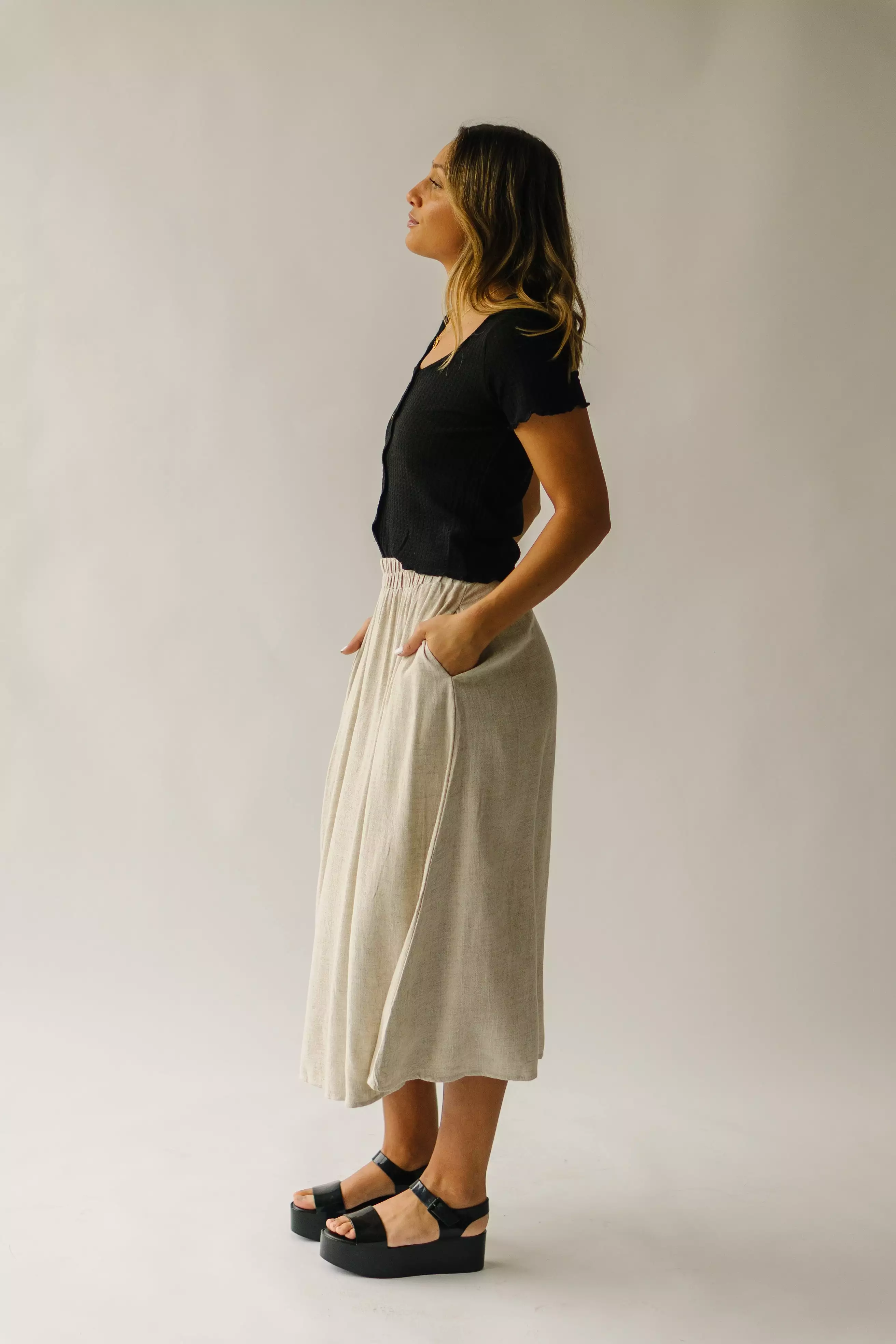 Oaklynn Oatmeal Linen Midi Skirt