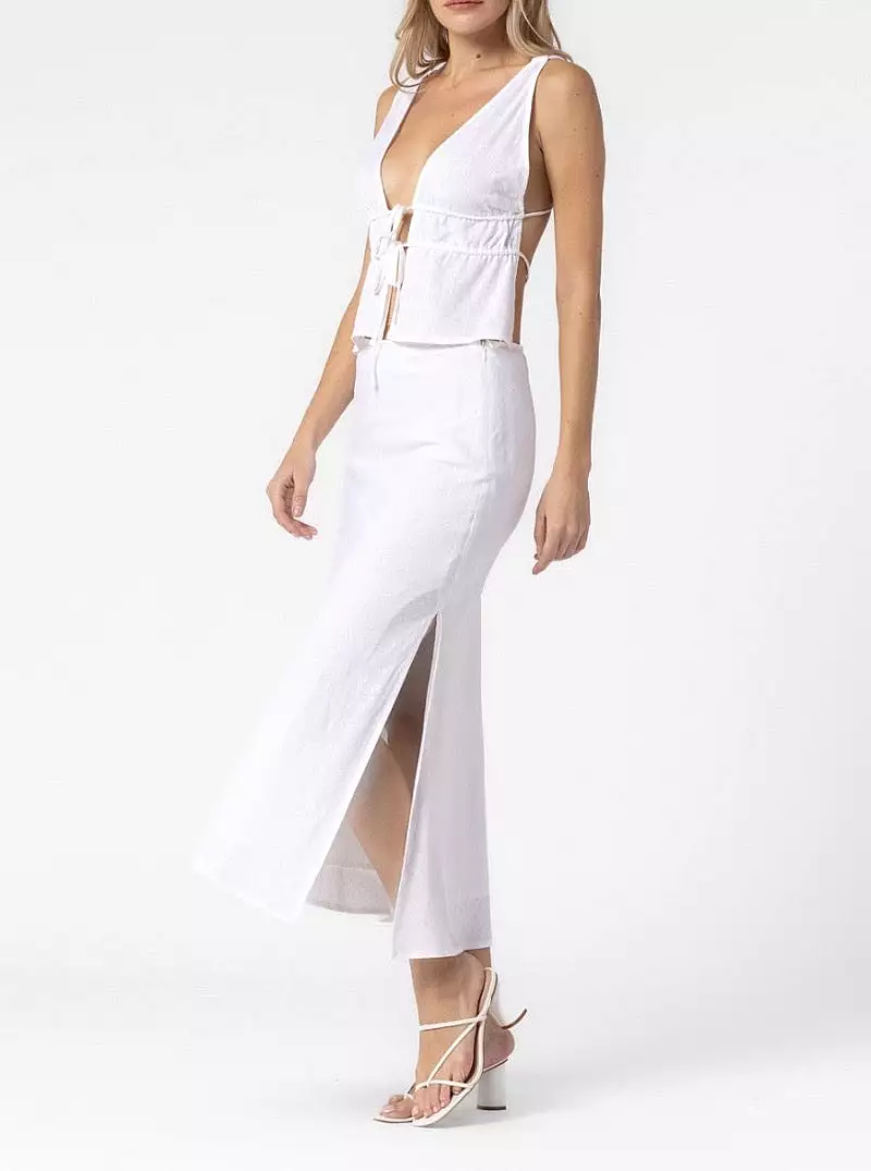 Off White Linen Midi Skirt