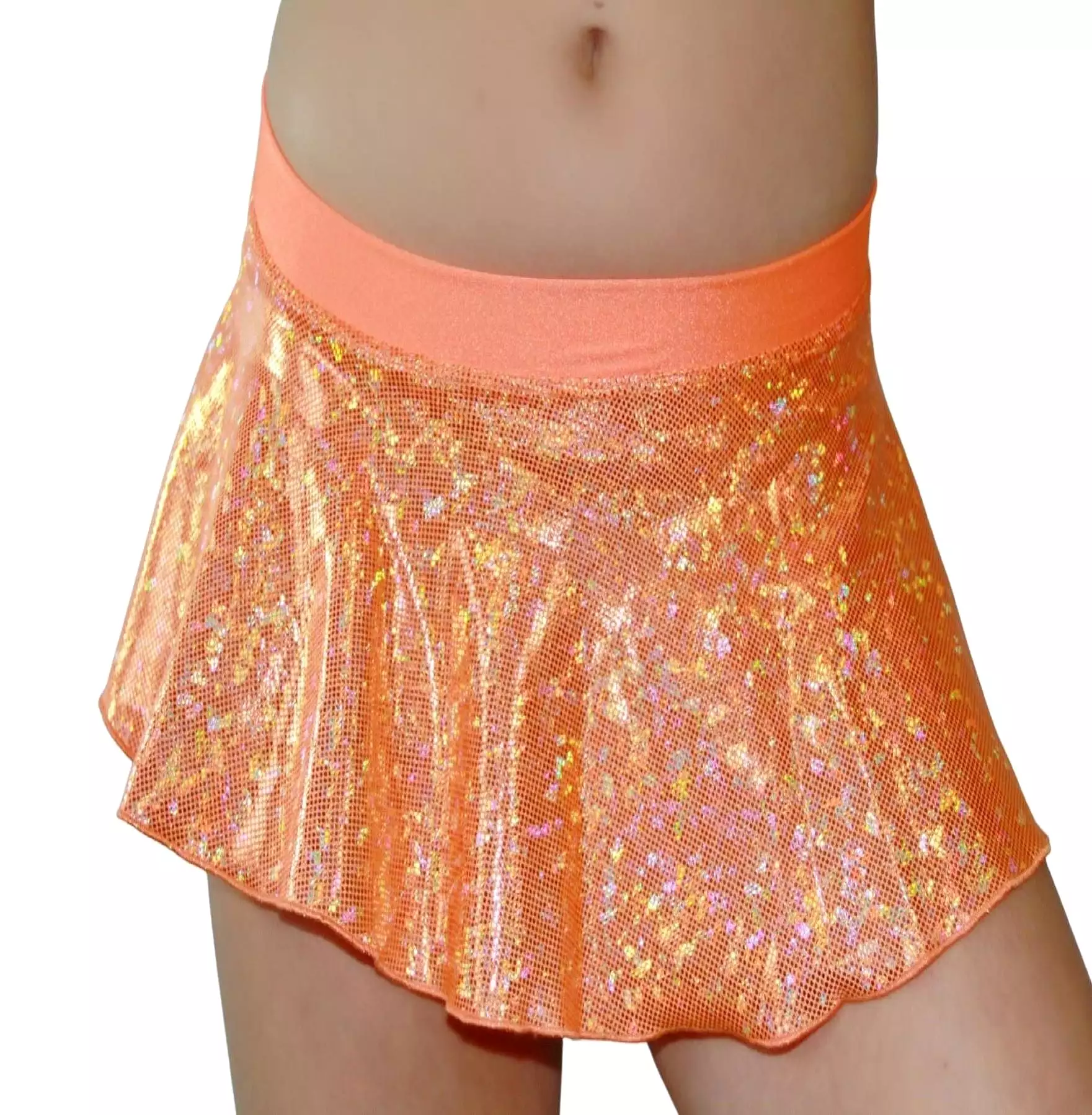 Orange holographic mini skirt.