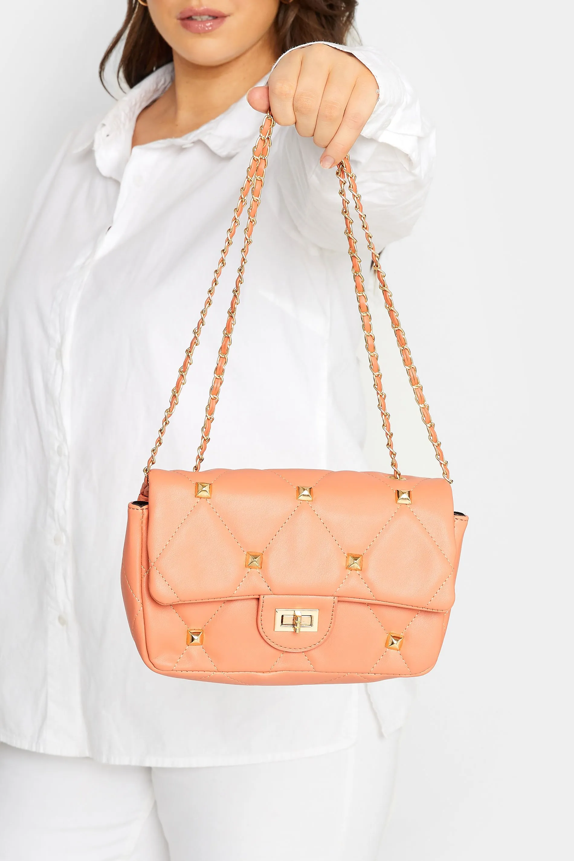 Orange Studded Quilted Chain Bag