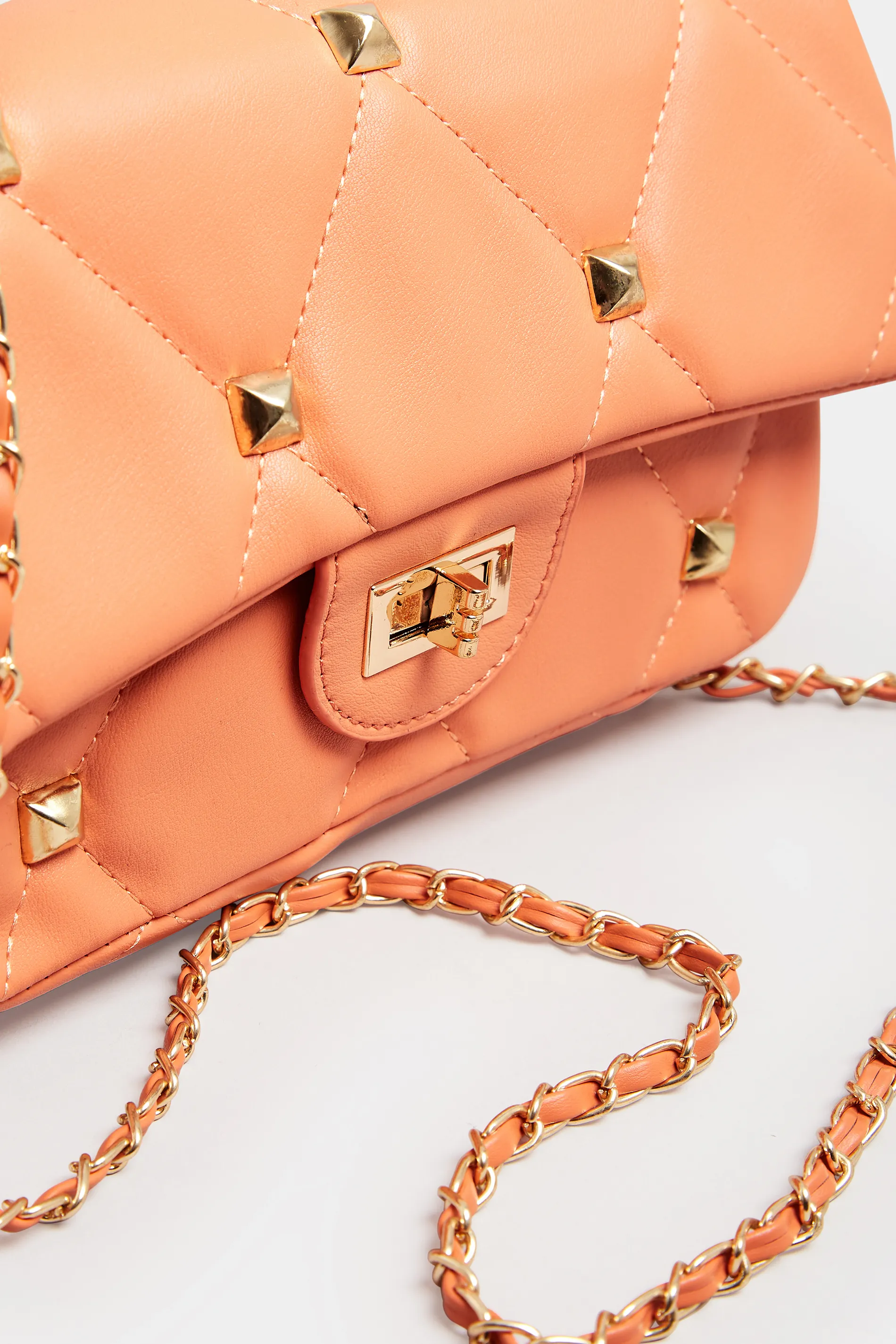 Orange Studded Quilted Chain Bag