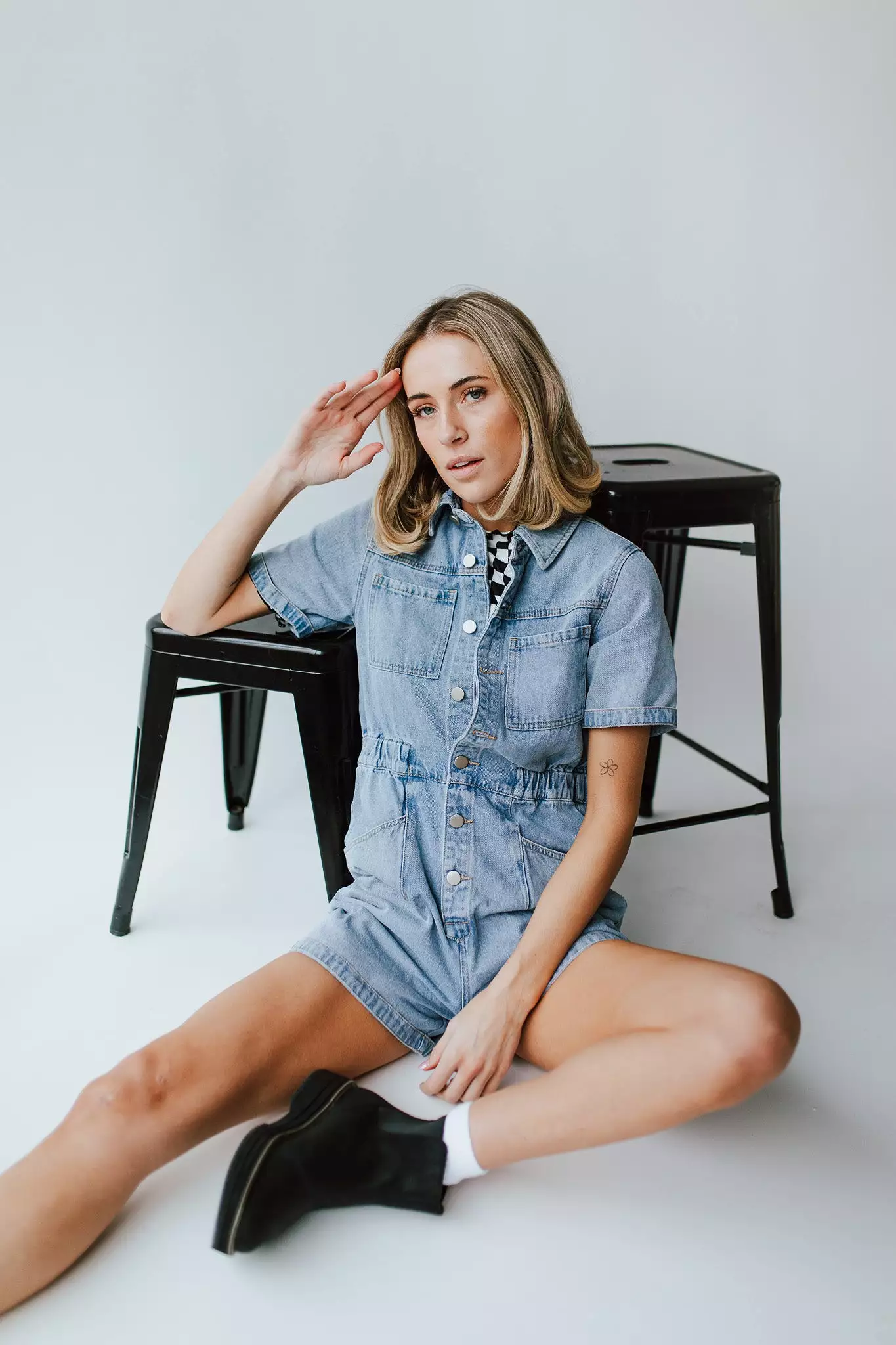 Oxland Denim Button Up Shorts Romper