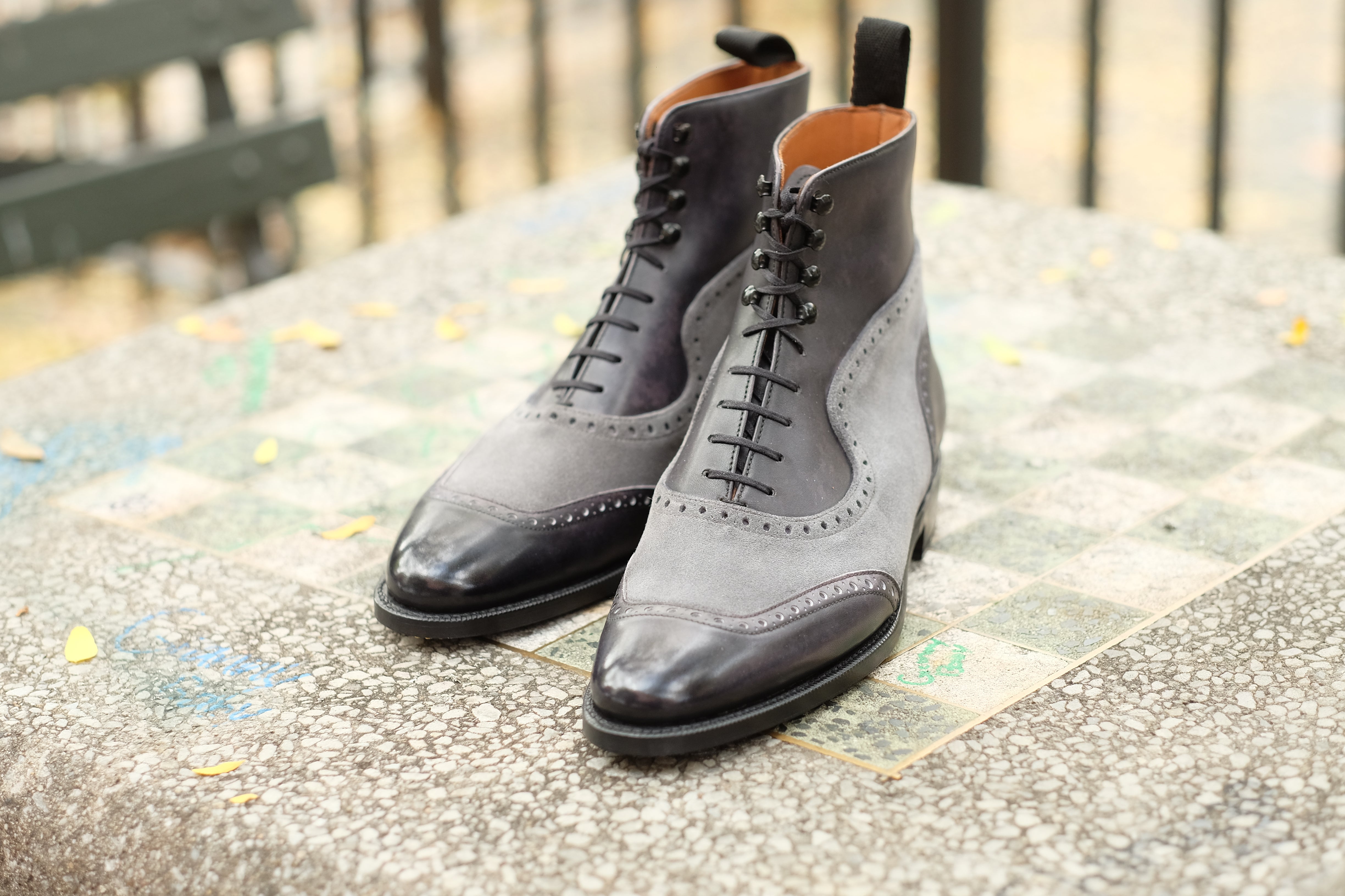 Pinehurst MTO Black Marble Patina Light Grey Suede TMG Last Single Leather Sole.