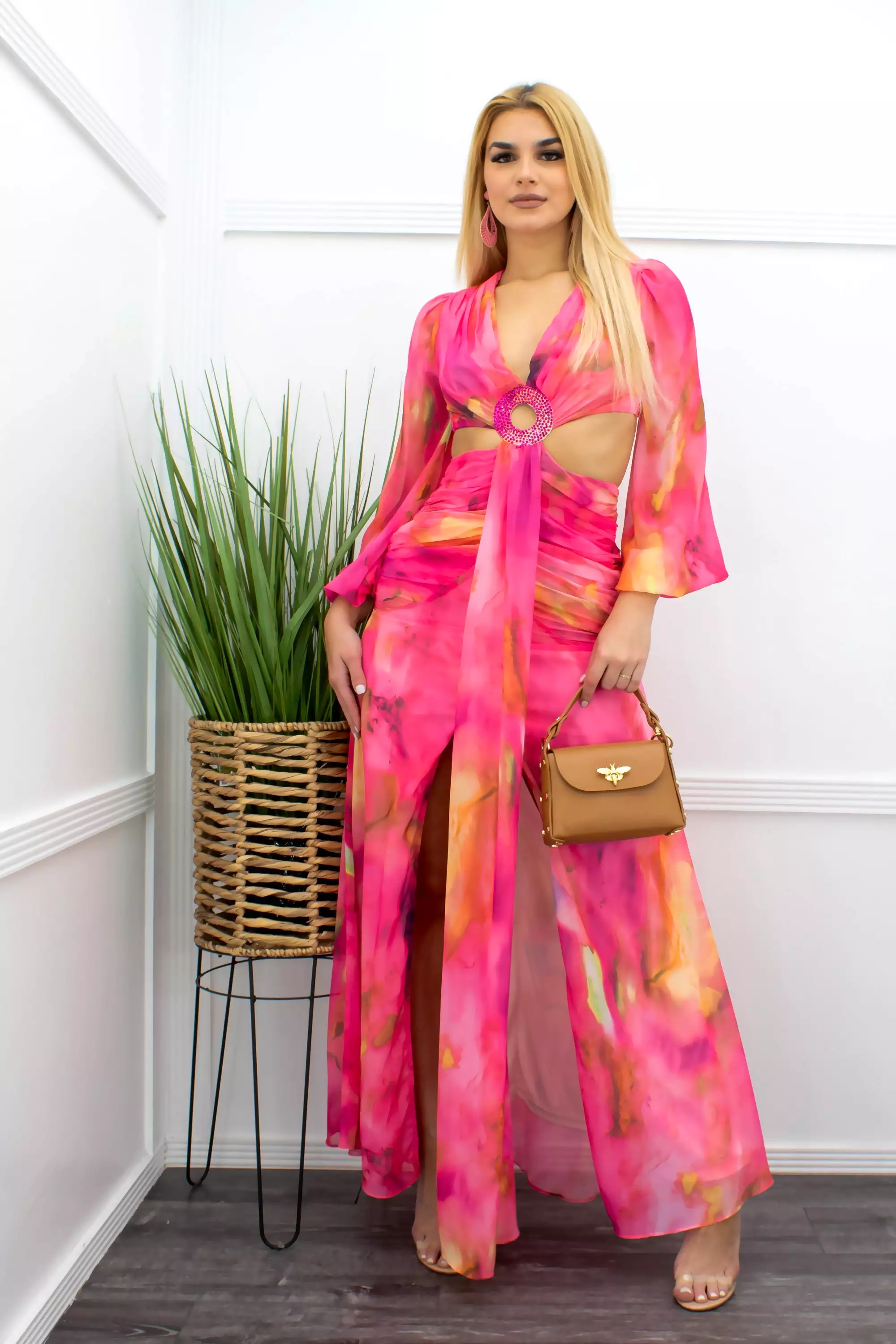 Pink Chiffon Maxi Dress with Open Sides and Slit