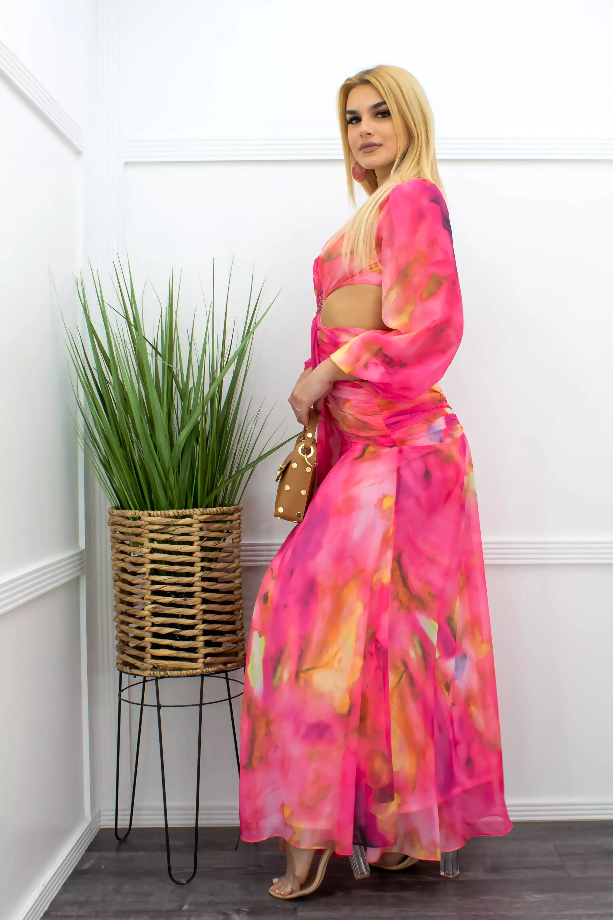 Pink Chiffon Maxi Dress with Open Sides and Slit