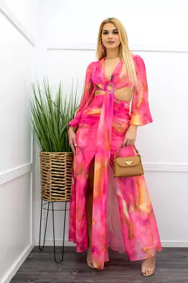 Pink Chiffon Maxi Dress with Open Sides and Slit