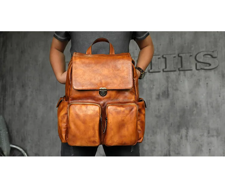 Premium Leather Belt Decor Soft Handle String Travel Backpack for Men